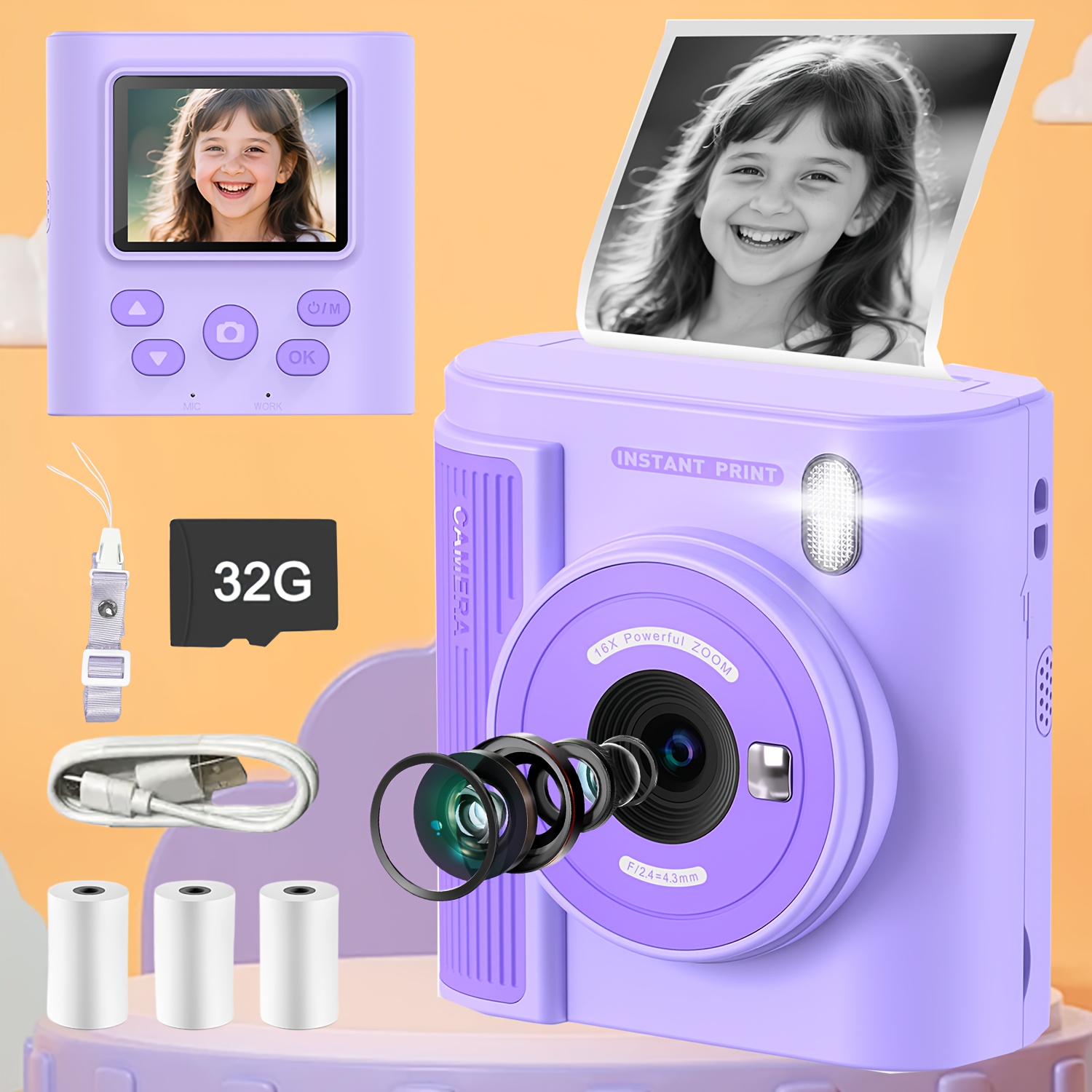 Appareil Photo Instantané Enfant CAMCLID - Écran 2,4" - Impression Sans Encre - 12MP - Cadeau 3-12 Ans