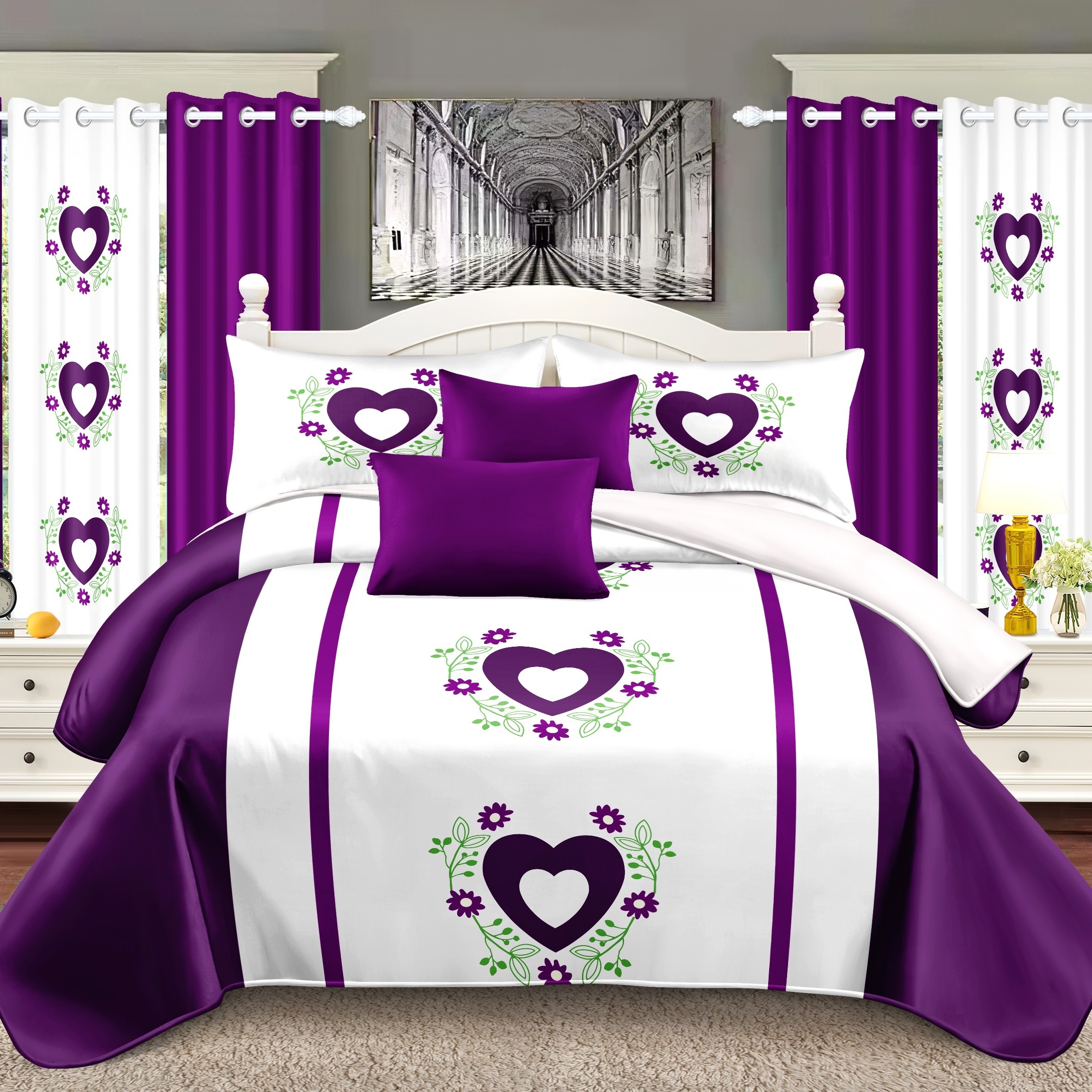 TEMU Traditional Style Purple 9pcs Bedspread Set With Pillowcases, Print Curtains, And Solid Curtains - Queen, King, And Cal King Sizes