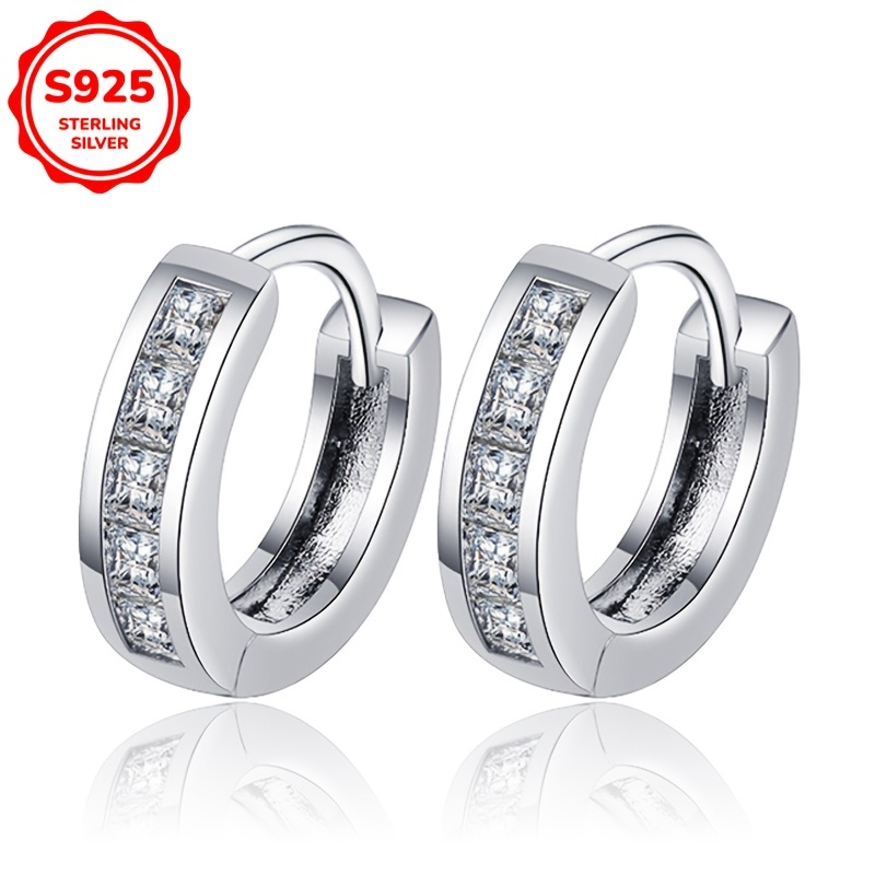 

1 Pair Elegant 925 Sterling Silver Hoop Earrings With Synthetic Cubic Zirconia, Fashionable For Women, & Gift-