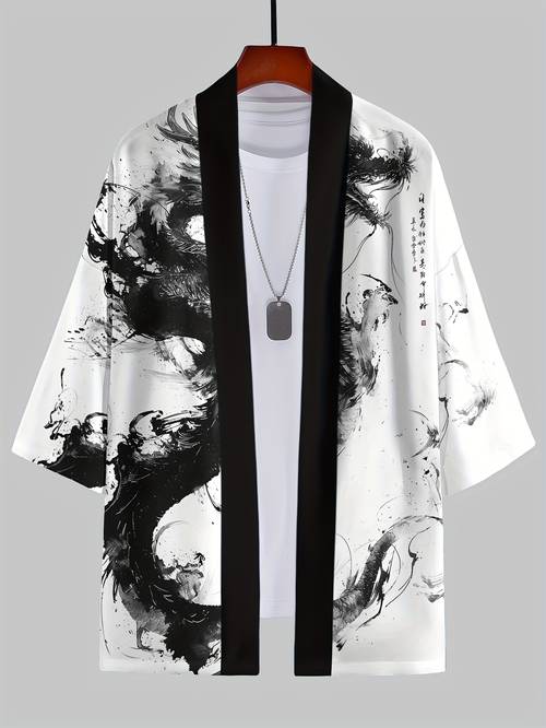 kimono dété nouveau, peinture japonaise, motif dragon , chemise décontractée et tendance, haut ouvert sur le devant