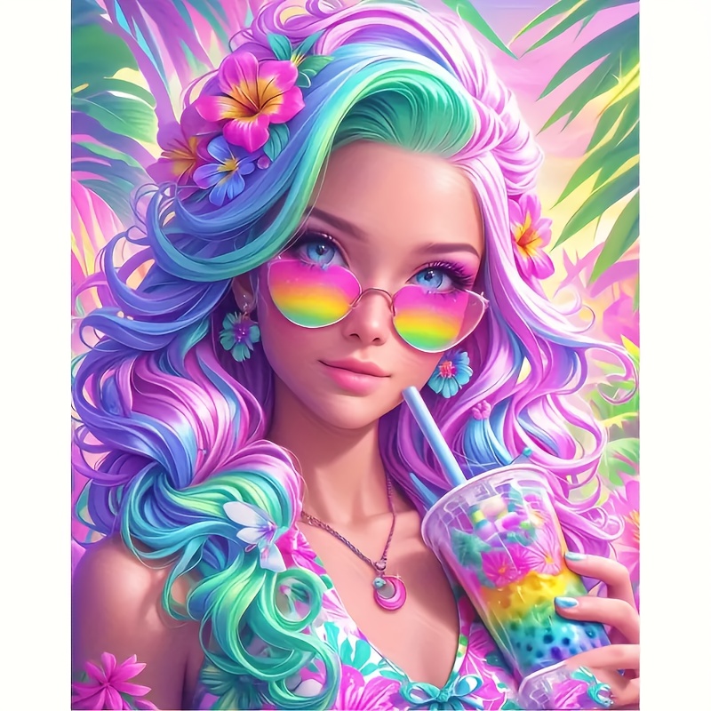 Image of Diy 5d Diamond Painting Kit - Colorful Anime Girl Design, Round Acrylic Diamonds, Living Room & Bedroom Decor, Craft Supplies Included, 11.8x15.7 Inches, Art Set
