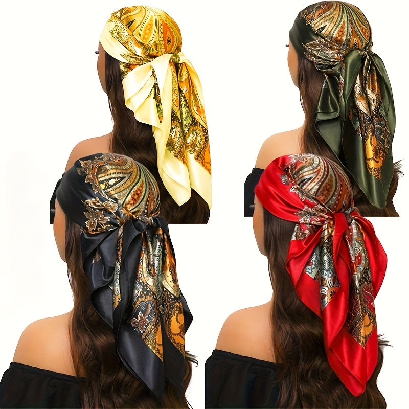 E-shop 4er-Set quadratische Schals 35,43*35,43 Zoll, 4 Farben erhältlich, modischer bedruckter Damen-Turban-Schal, nicht dehnbar, handwaschbar oder