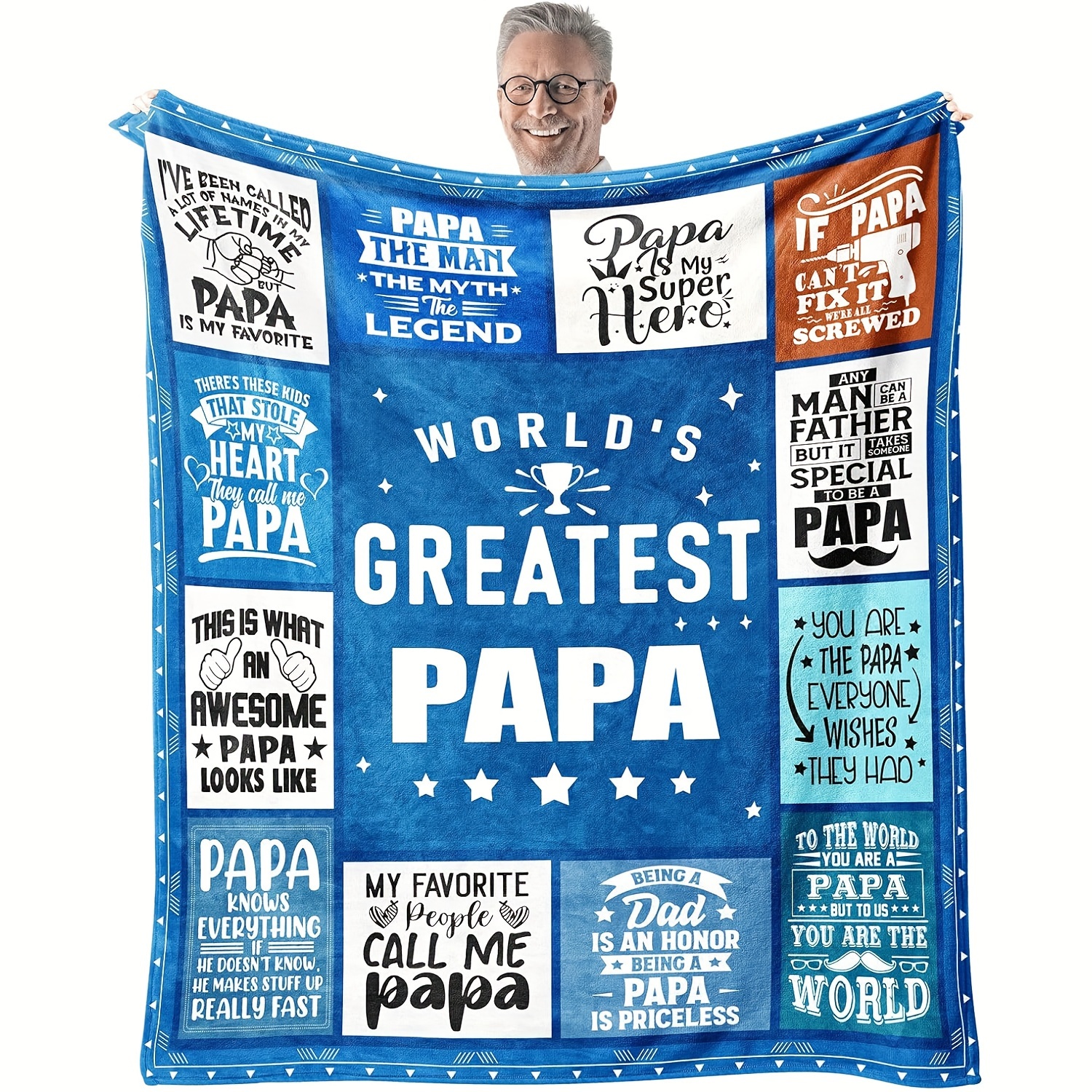 

Papa Flannel Throw Blanket - Soft & For Grandpa From Grandkids, Vintage Style With Fun & Messages, Sofa Or Tv Blanket, Blue