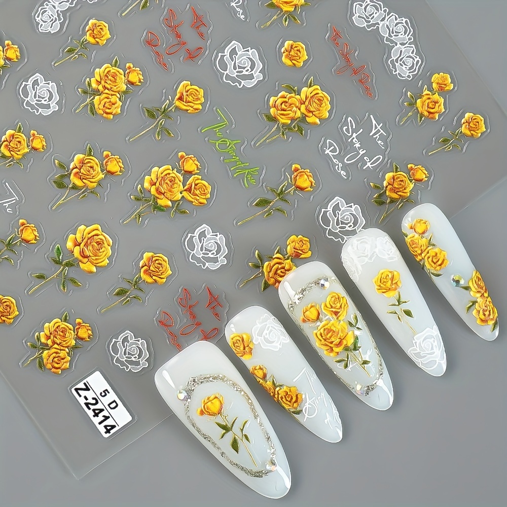 5d Nail Art Stickers Featuring Beautiful Floral Designs, Including Yellow Roses, Self-adhesive For Nail Decoration And Additions