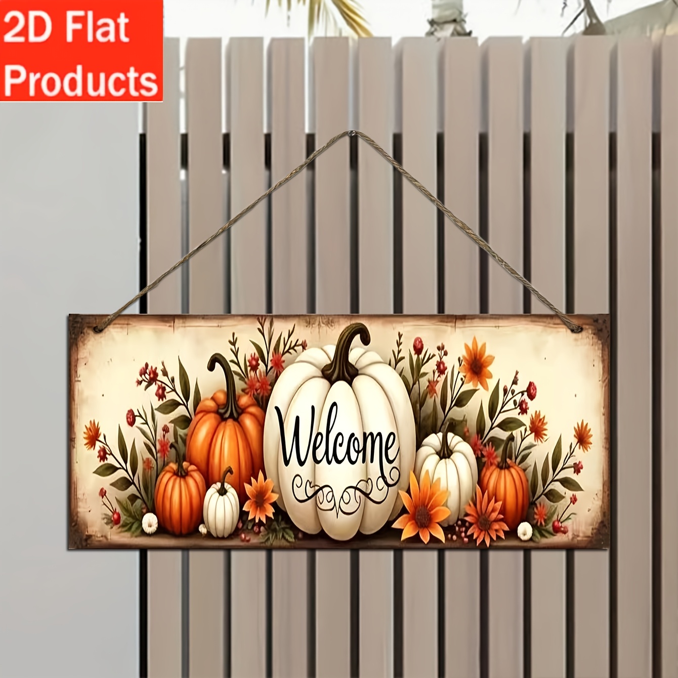 TEMU 2d Flat, 1pc Rustic Farmhouse Welcome Wooden Wall Sign - Vintage Harvest Decor With Pumpkin, Leaves, And Wreath Design In Orange, Brown, Green,