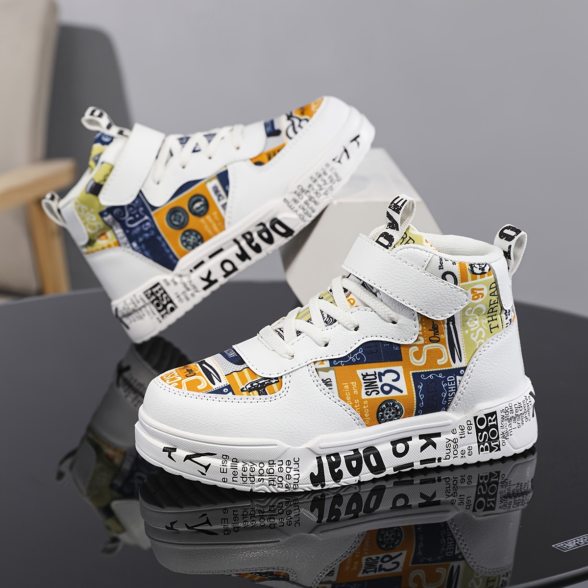 Youngsters' Comfortable Mid-Top Sneakers with Closure, Colorful Random Print Design, Breathable PU/Fabric Upper & EVA Cushioned Sole - All-Season Casual Shoes for Boys & Girls, School, Outdoor Play & Daily Activities, Kid Shoes, School Footwear, Stylish Stitching Details, Fabric Lined Interior