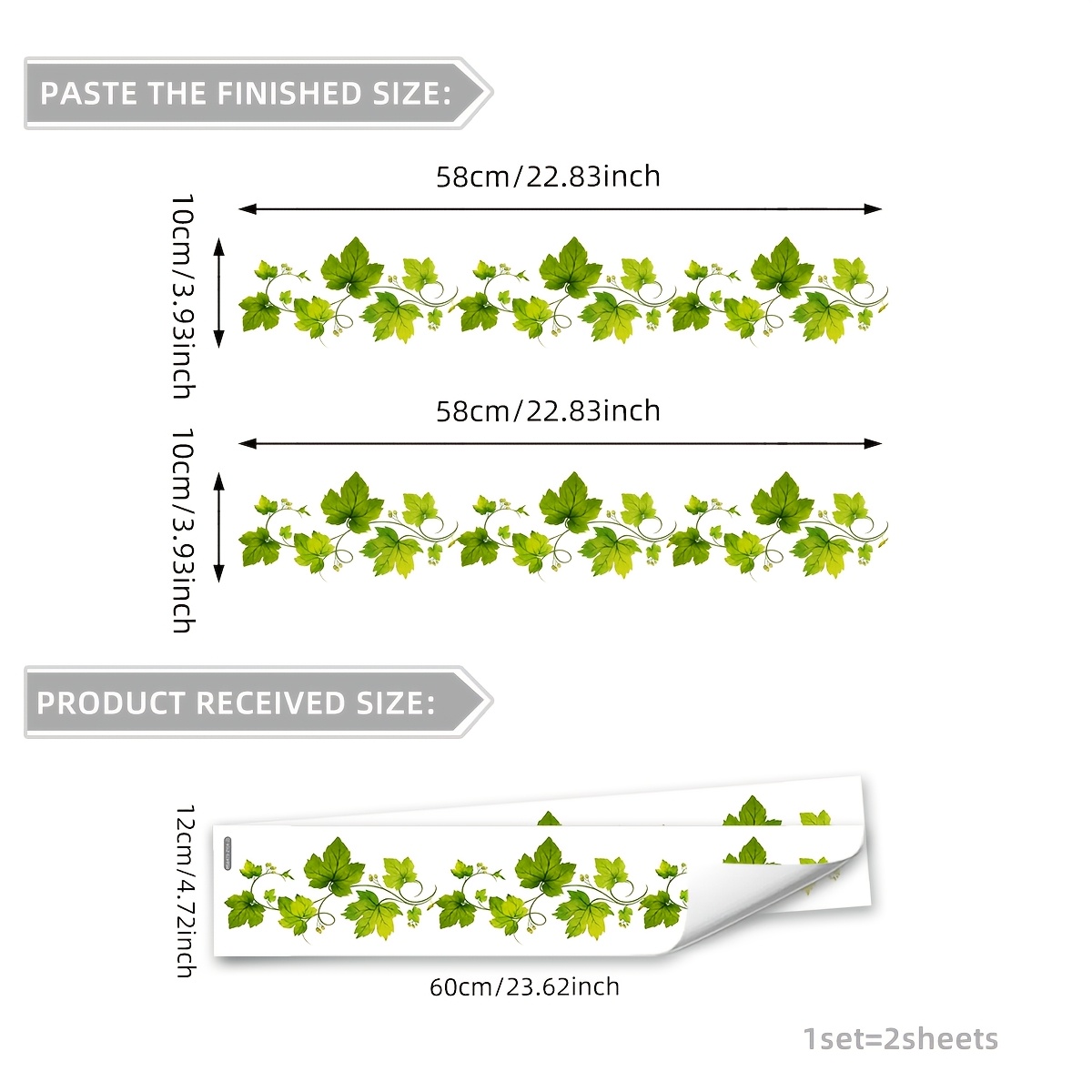 Image of A Set Of 2 (12*60cm*2pcs) New Leaf Vine Wall Stickers, Baseboard Border Decorative Wall Decals (ms6473-zy)