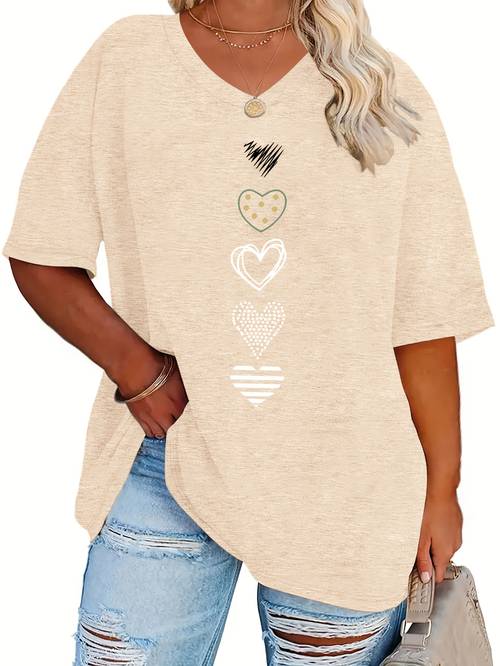 plus size summer plus size womens fashion polka dot and stripe hollow out heart combination print loose drop shoulder half sleeve t shirt high quality womens top casual v neck tee comfortable fabric suitable for lounging at home