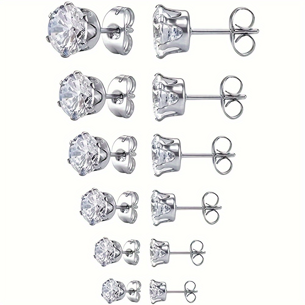 TEMU A Set Of 6 Pairs Of Stainless Steel Cubic Zirconia Inlaid Earrings, Ranging From 3mm To 8mm, Suitable For Daily Wear, Ideal Gift For Women And