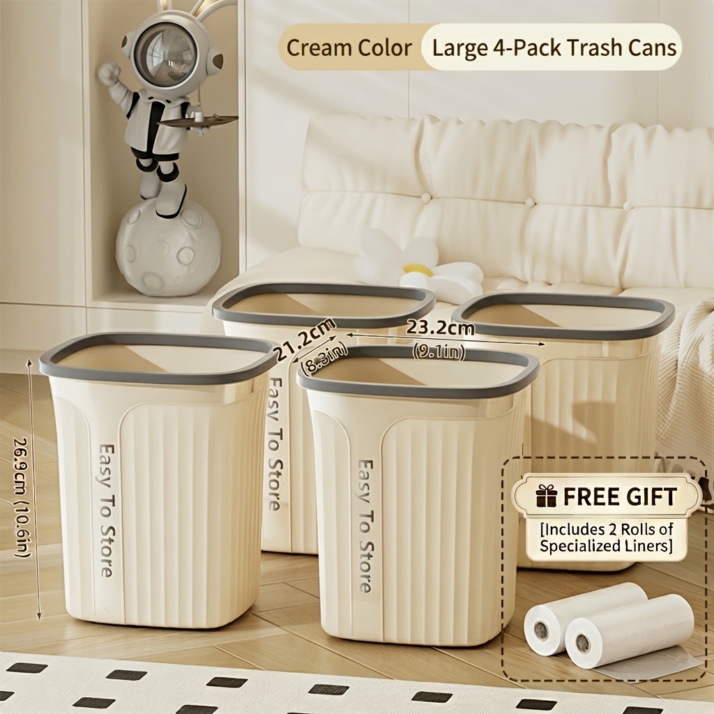 TEMU 4 Pack 3.5/5 Gallon Stylish Press Ring Trash Cans With 2 Rolls Thick Garbage Bags, Large Capacity Waste Bins For Home, Living Room, Office,