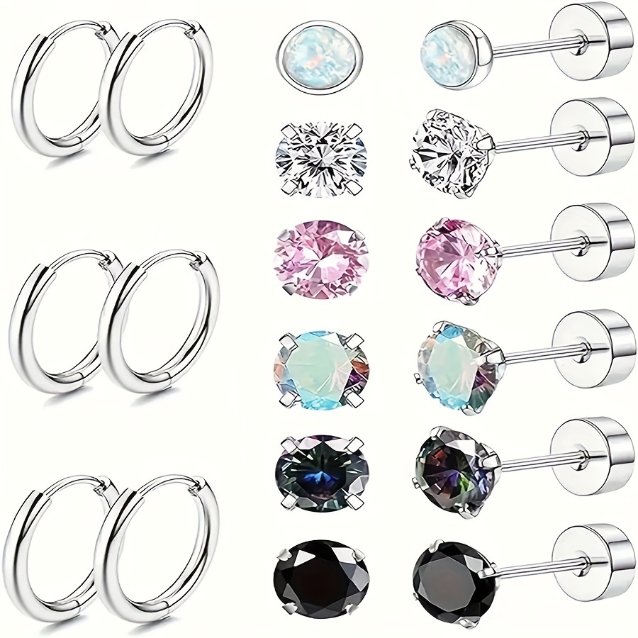 

9pairs/18pcs Surgical Steel Hypoallergenic Hoop And Stud Earrings Set For Sensitive Ears - Cz And Opal Flat Back Cartilage Earrings, 316 Stainless Steel, No Tarnish Or Allergy