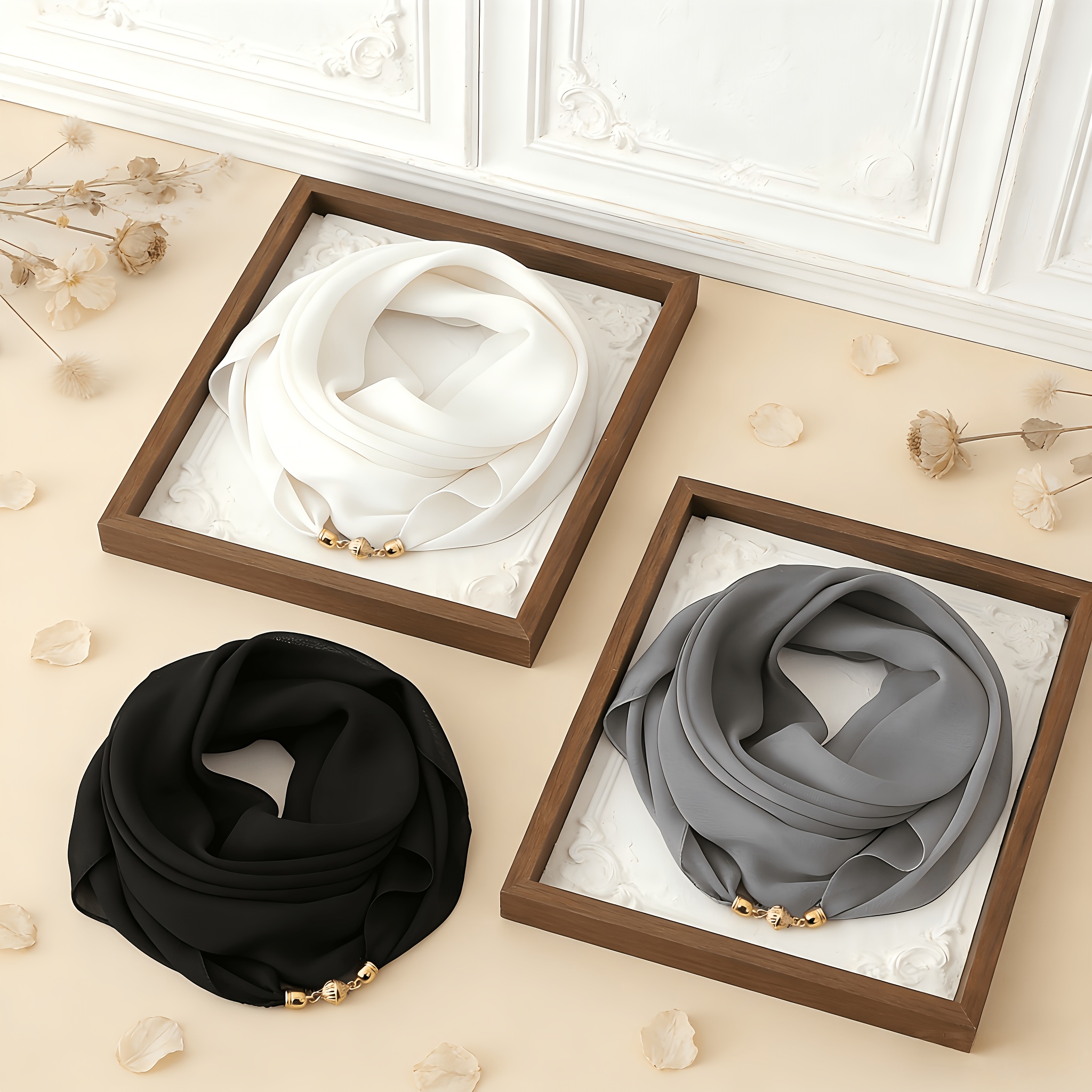 E-shop 3er-Pack magnetische Chiffon-Schals ohne Bindeband für Damen, schlichte, weiche, leichte, atmungsaktive Halsbinde, einfach zu tragender Kopftuch