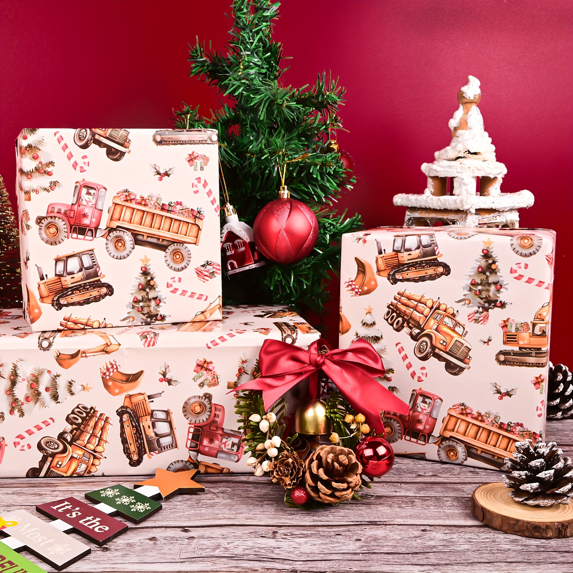 Image of 6pcs Construction Christmas Wrapping Paper For Boys Girls - Dump Truck, Loader, Excavator, Christmas For Holiday Baby Shower - 20 X 28 Inch Per Sheets