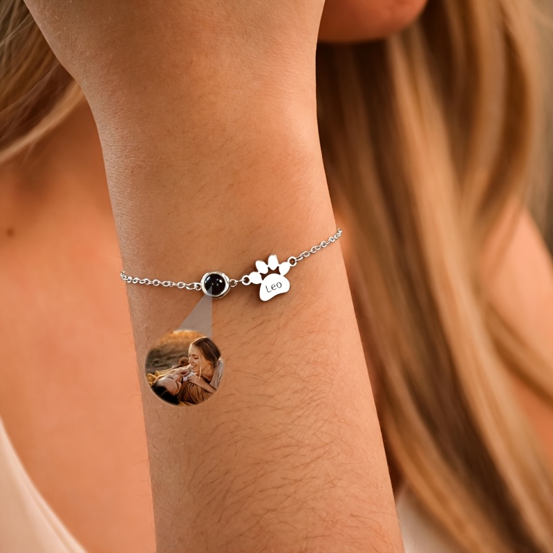 TEMU Custom Minimalist Paw Print Projection Photo Bracelet, Stainless Steel With Customizable Name, Unisex Jewelry, Ideal Gift For Valentine's Day,