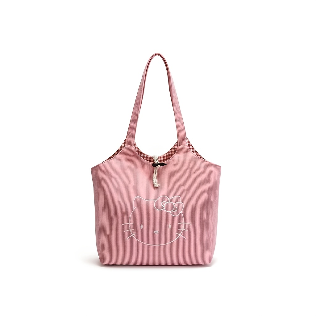 E-shop Sanrio Hello Kitty Große Cord-Tragetasche geeignet für Reisen, Arbeit & Schule – Retro-Cord-Schultertasche mit -Patch, Reißverschluss &