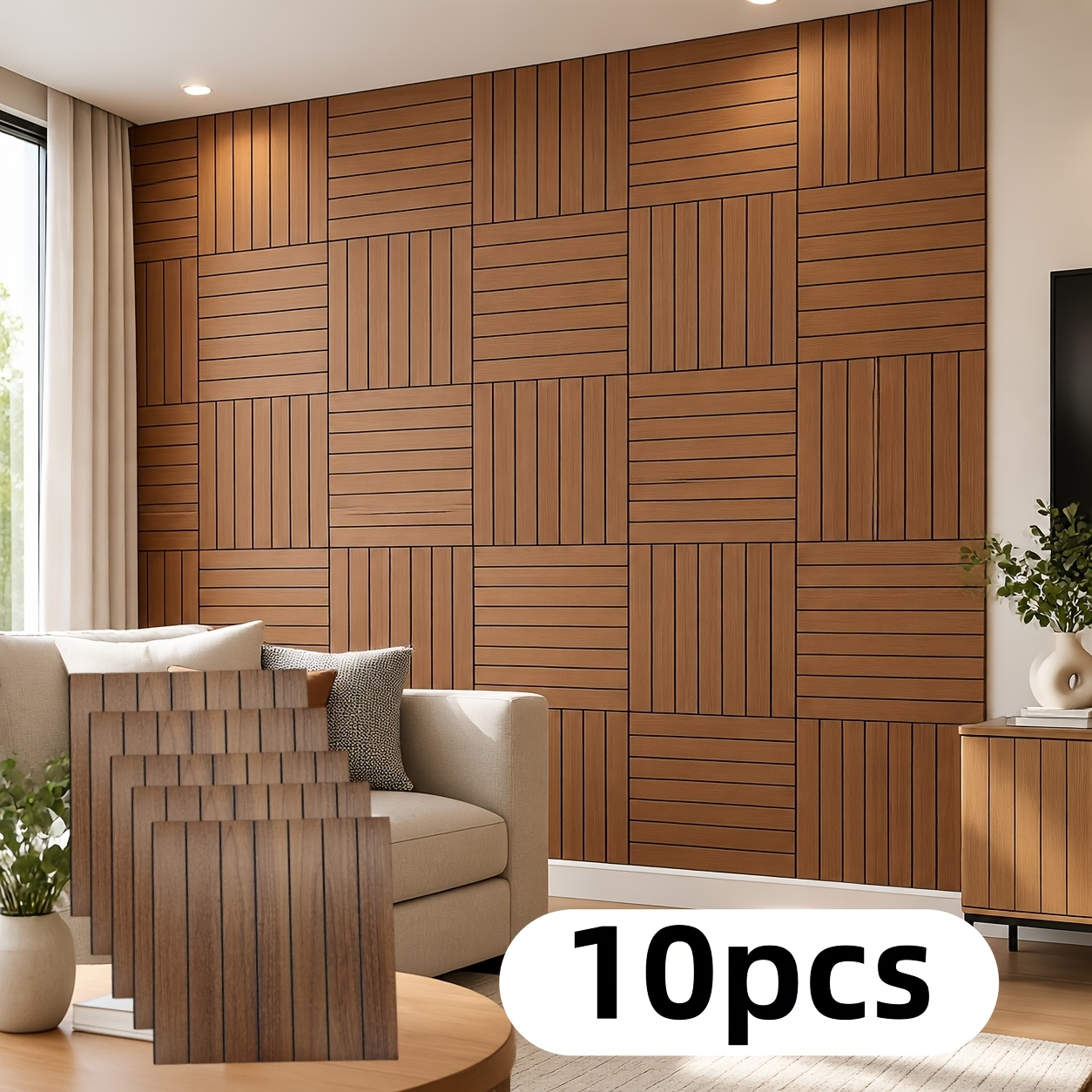 TEMU 10pcs Soundproof Decorative Panels, Self-adhesive Pvc 3d Wood Grain Stripe Wall Decals, Soundproof Wall Decals, Suitable For Simple Diy Wall
