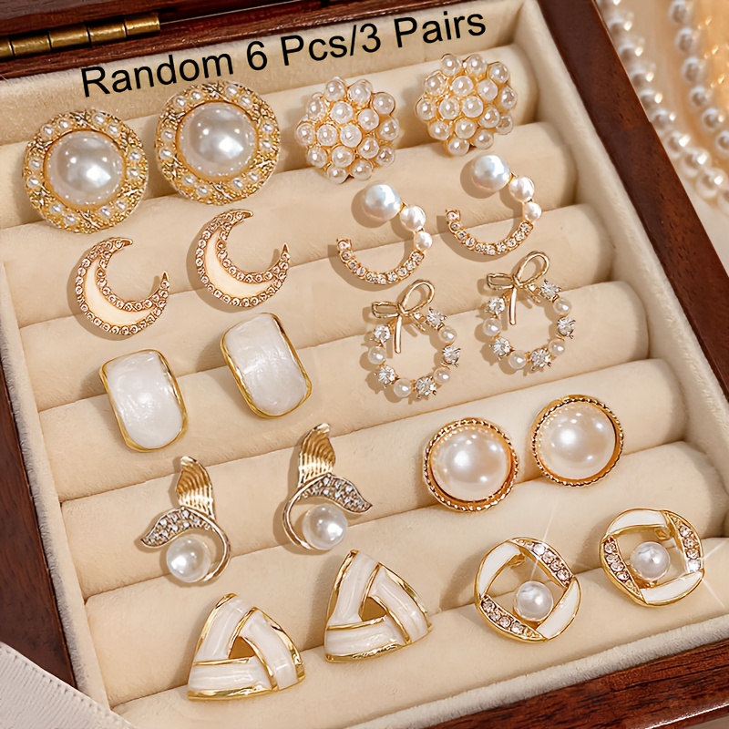 TEMU Juego de 6 piezas/3 aleatorios de aretes lujosos y elegantes para mujer, exquisitos aretes de luna, de y , accesorios de moda para uso diario