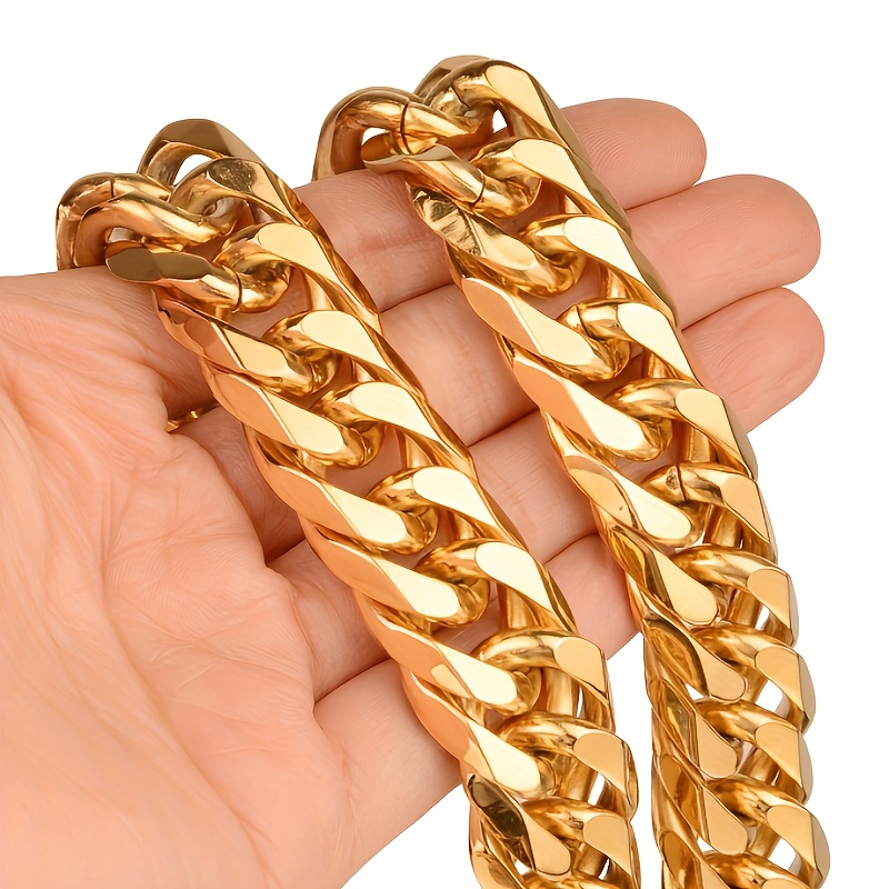 TEMU 18k Golden Plated Golden-plated 12mm Flat Cuban Chain Necklace For Men And Women - Fashionable Jewelry Gift, Shiny , Alloy Material, Fashionable
