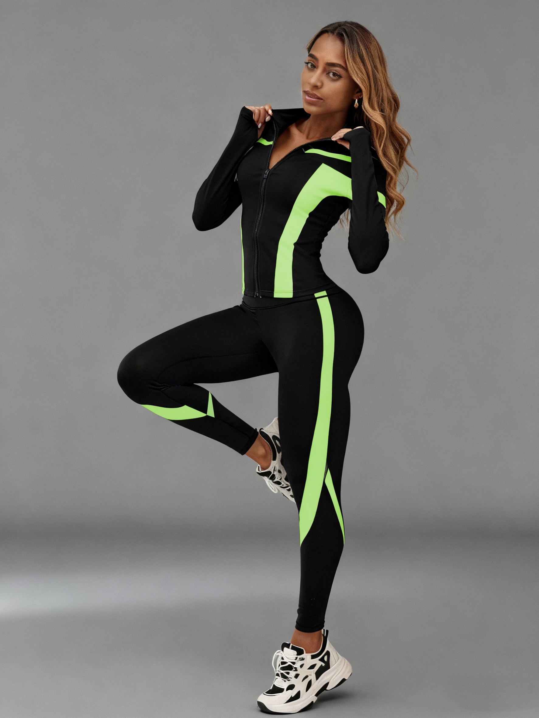 women's athletic jacket and leggings set lightweight zip up workout outfit with color block design, suitable for gym, running, yoga machine washable sports wear, essential for fitness enthusiasts