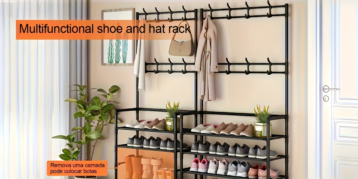 4-5 Tier Hallway Organizer with 8 Hooks - Space-Saving, Easy to Assemble, Durable Design for Entryways And Bedrooms, Minimalist Style - Black/White, Perfect for Entryway Storage, Freestanding Shoe Rack