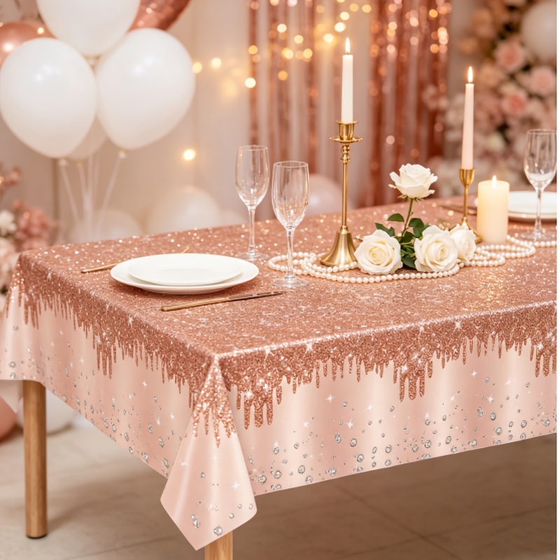 TEMU 1 Set Rose Diamond Party Tablecloth, Sparkling Tablecloth, Disposable Suitable For Birthday, Wedding, Anniversary Commemorative Party Supplies,