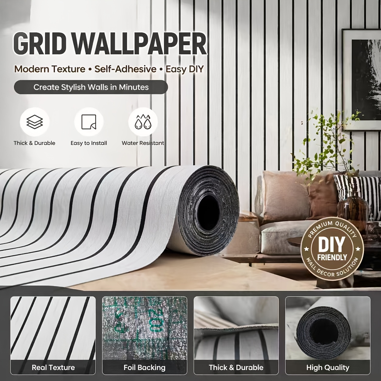 TEMU Pegatinas de pared de espuma autoadhesiva con ranuras gruesas, paneles de pared con de de madera 3D, tamaño 19.7 X 118 pulgadas, fáciles de