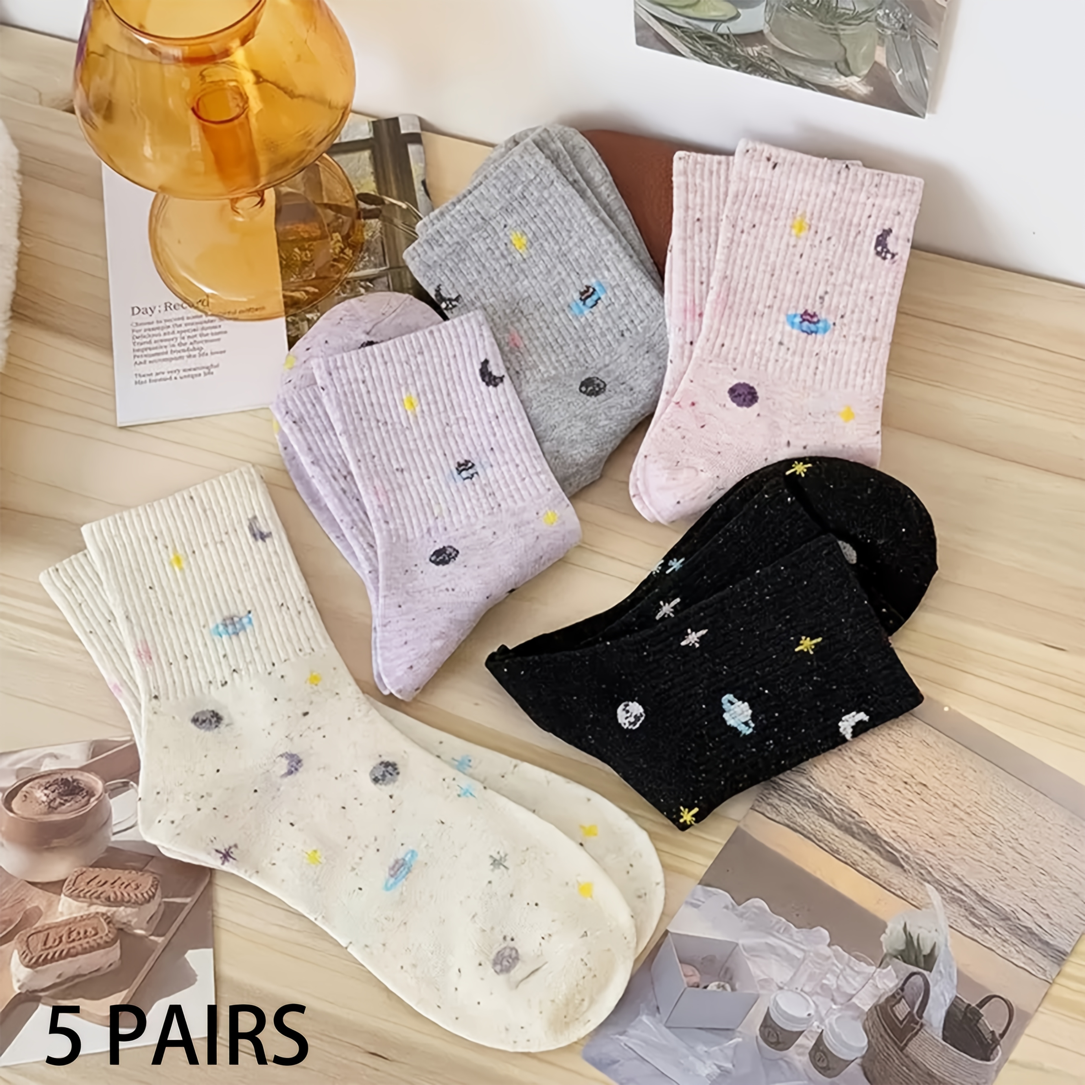 Image of /3 Pairs/4 Pairs/5 Pairs Random Starry Sky Pattern High Elasticity Socks Mid Tube Socks Trendy And Versatile Dopamine Colored Starry Sky Pattern Mid Tube Socks