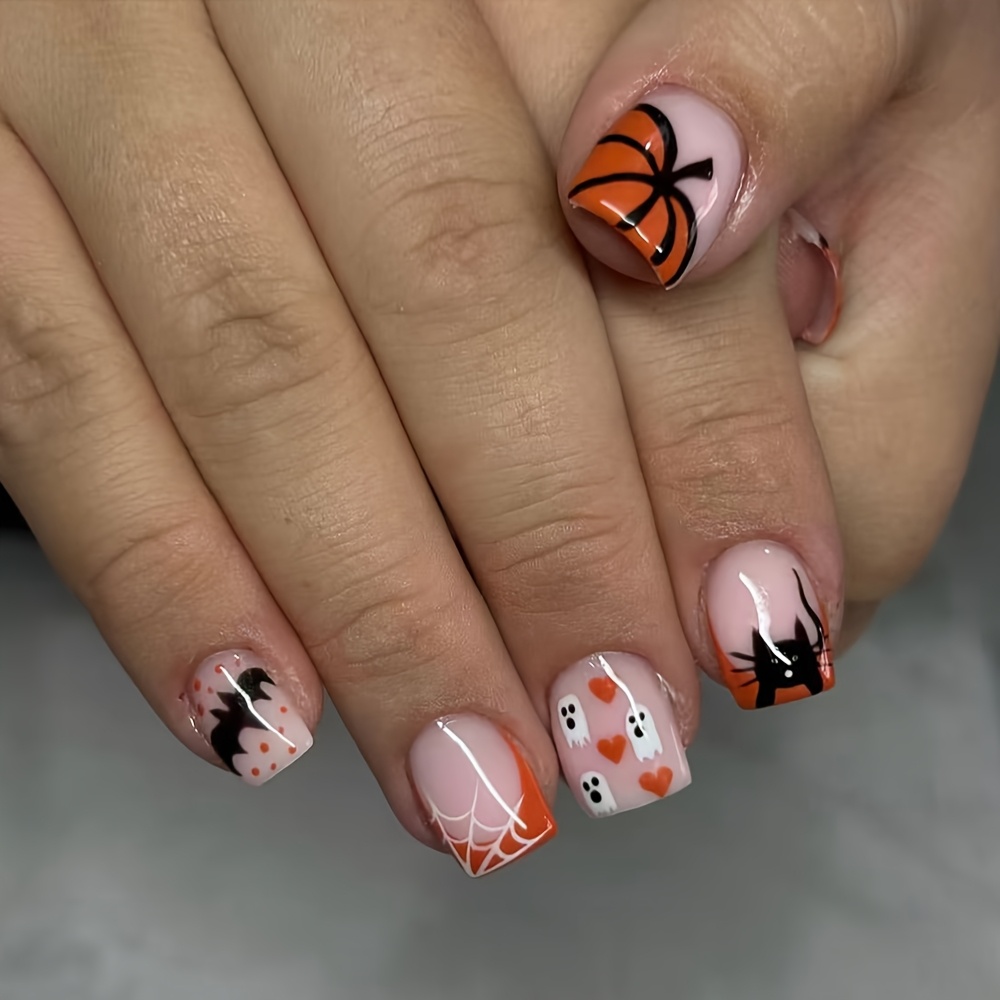 TEMU 24pcs Medium Square Press On Nails, Nude Base With Cute Halloween Pumpkin, Bat, And Heart Print, Sweet Spooky Glossy Artificial Nails, Reusable
