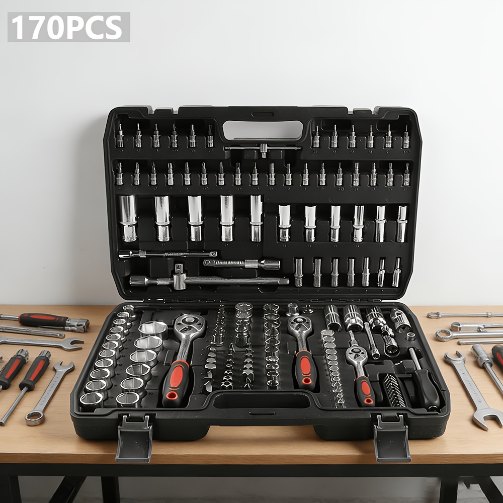 Image of 170pcs Plug Key Set 1/2" 3/8" 1/4" Suitcase Ratchet Chrome Vanadium Box With Ratchet, Screwdrivers, And Tool Case For Car And Motorcycle