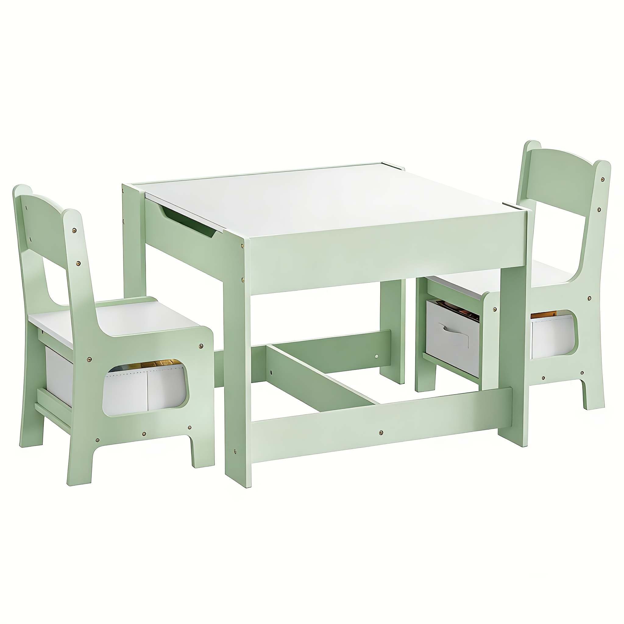 3pcs Childen Furniture Set, 1 Table And , Children's Table And Chair Set, Nursery Furniture With Storage, Double Sided Tray, Reversible Table Top, Space , Mdf Wood, Easy To Clean, Green And White