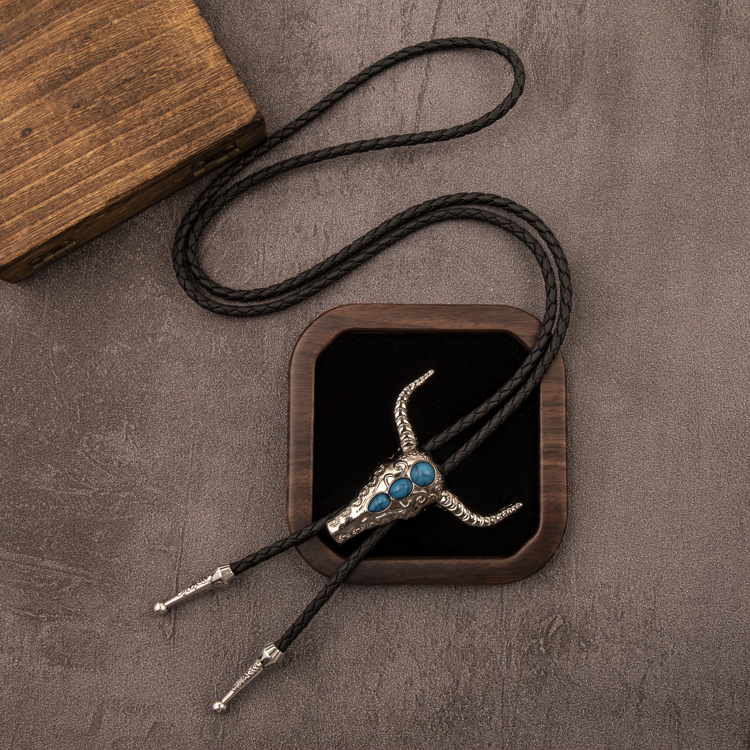 TEMU 1pc Shaped Tie, Vintage Western Cowboy Style Alloy Pendant With Braided Pu Cord, Unisex Bow Tie Neck Accessory, Fashionable Accessory, European