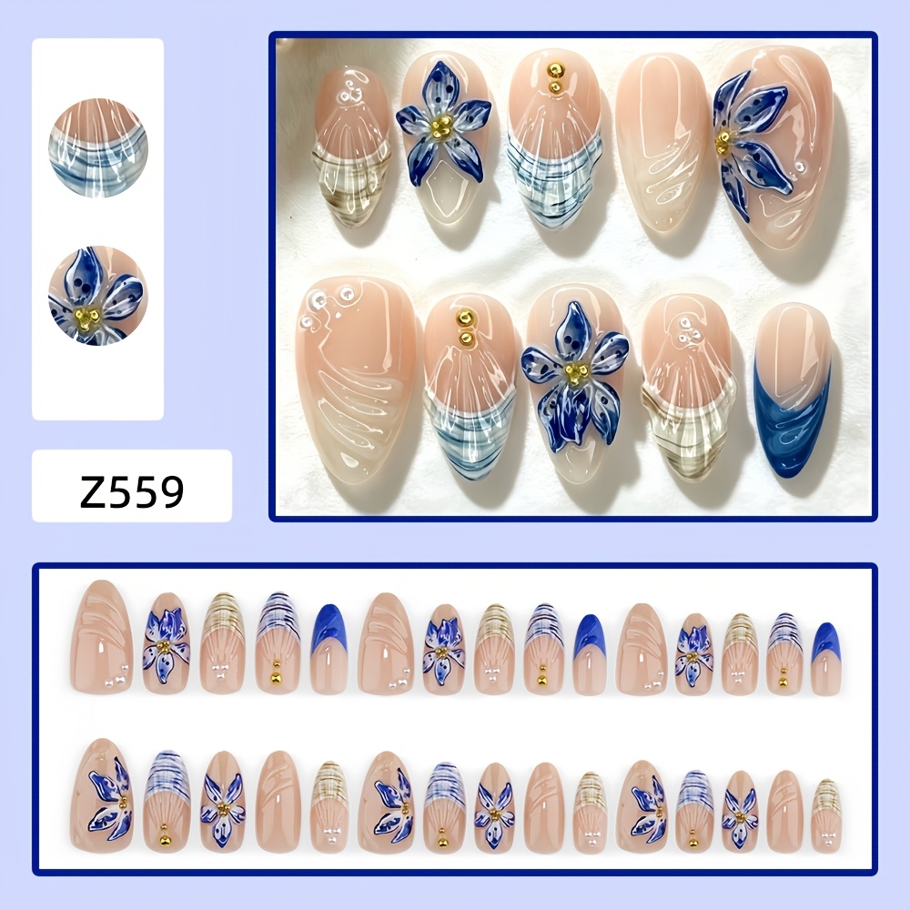 TEMU 30pcs Handmade Press-on Nails Suitable For Nail - Almond Shape Medium Length Fake Nails With Orchid Relief & Ink-drop Glue Blue Patterns,