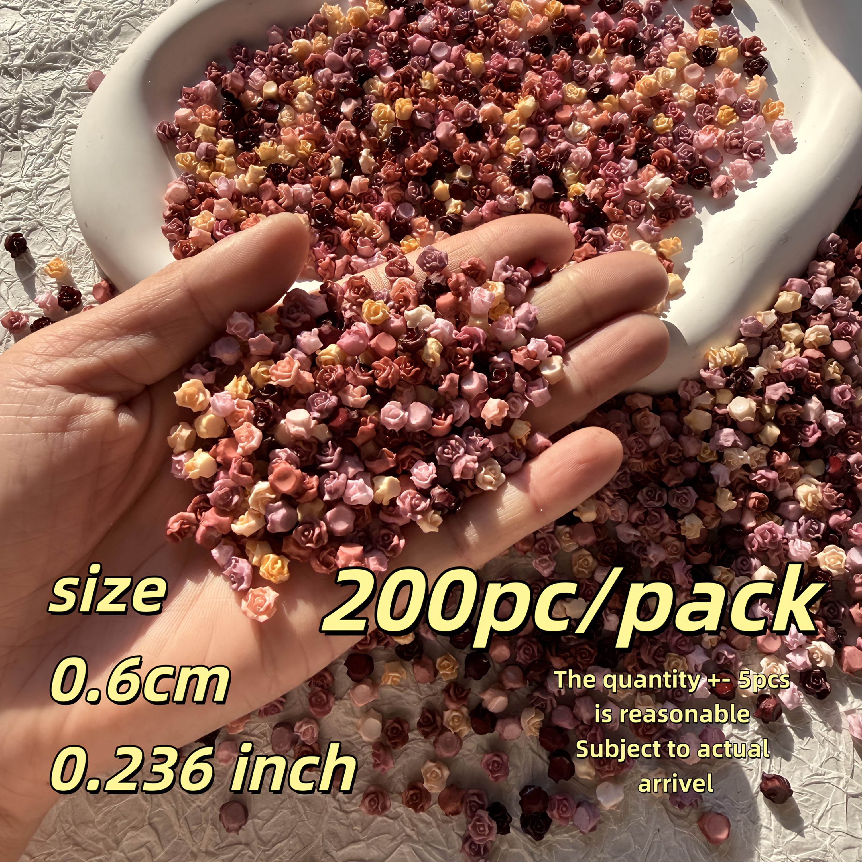 TEMU 200pcs/pack Small 3d Resin Peony Flowers Suitable For Diy Nail Art, Warm- Retro-dyed Bud Roses With Colorful Resin , Precise Tiny Flowers For