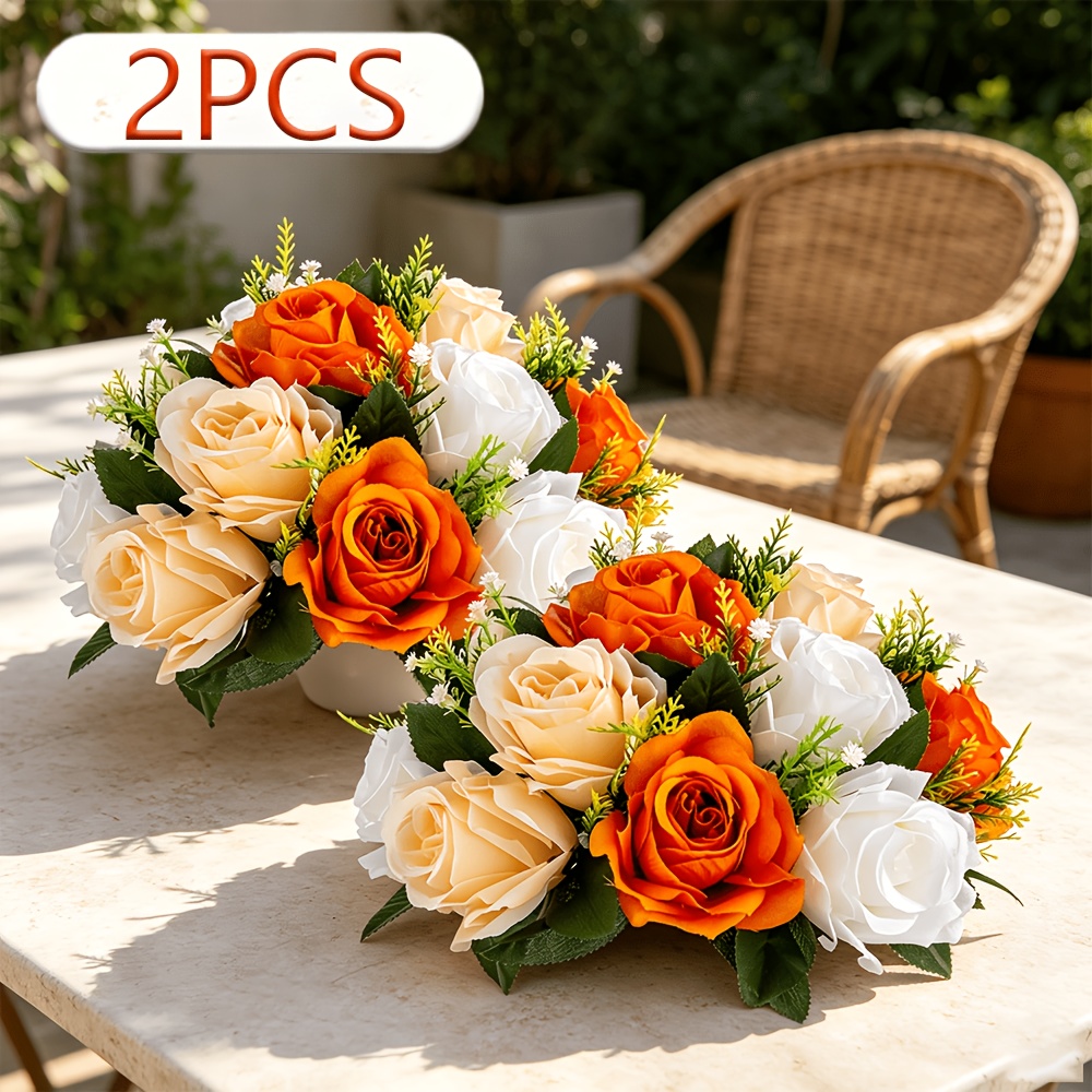 TEMU Lot de 2 bouquets de roses d'automne artificielles, arrangement floral de fausses roses orange, champagne et blanches, fleurs artificielles