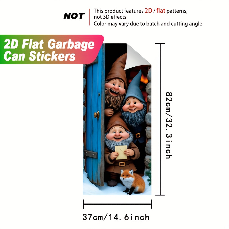E-shop 2D Flache Weihnachts-Mülleimer-Aufkleber, mit drei Gnome mit Fuchs-Außenmuster-Wandaufklebern, PVC Selbstklebeaufkleber, leicht abziehbar ohne