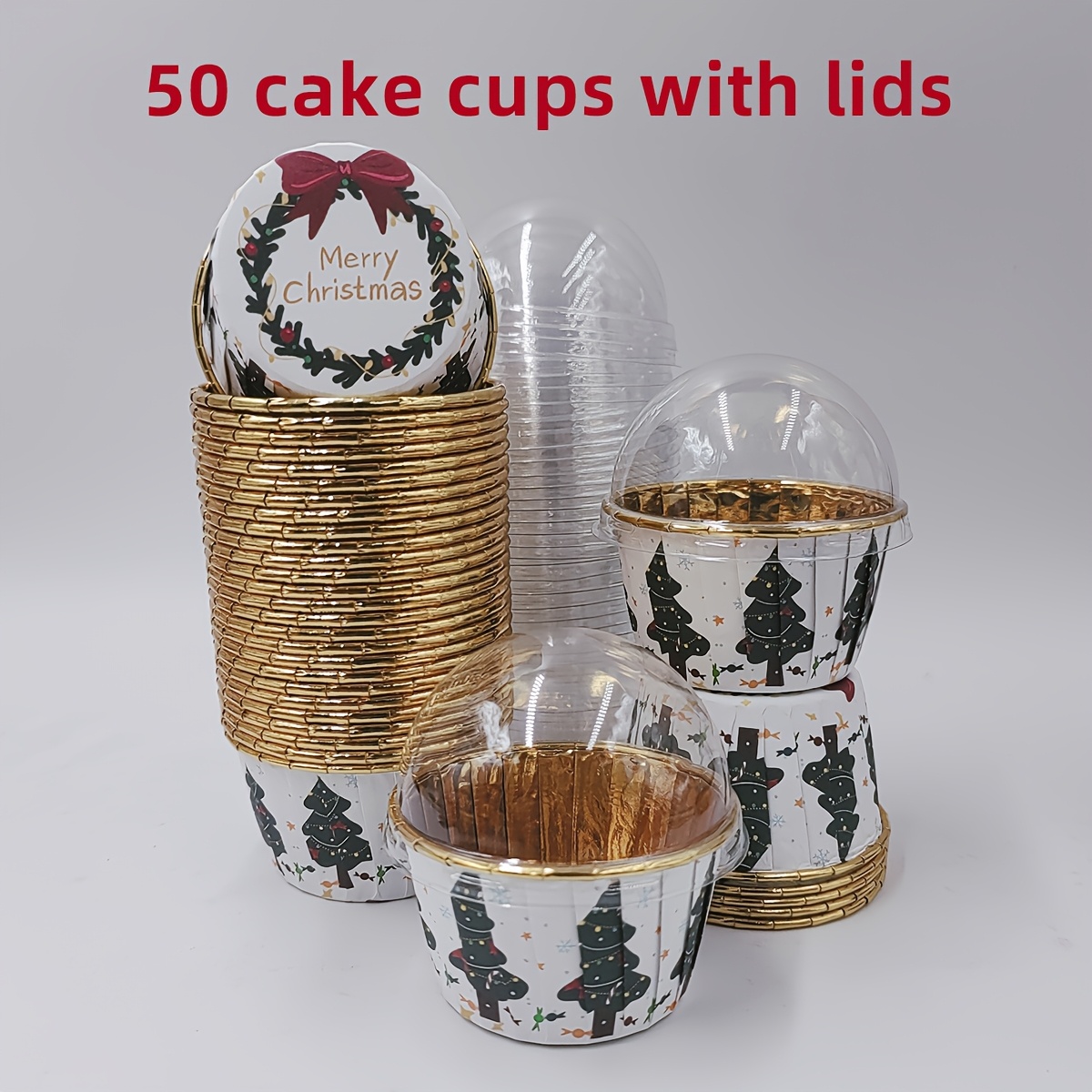 Christmas Patterned Cake Cup, 50pcs Disposable Cupcake Cups With Lids, Disposable Muffin Cups With Lids, Heat Resistant Glossy Cupcake Liners, Muffin Molds, Perfect For Christmas Day
