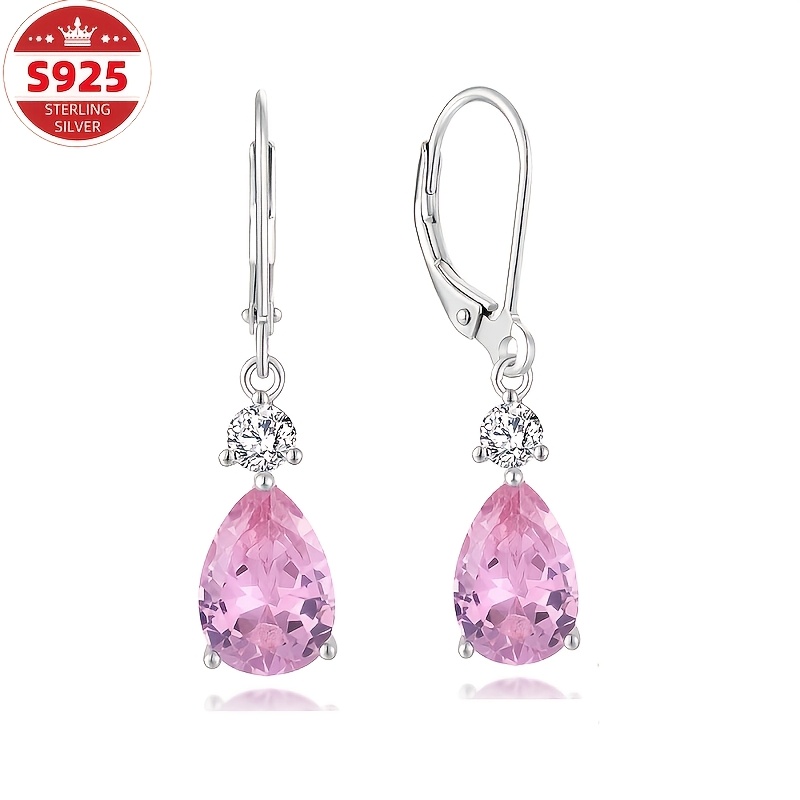 TEMU S925 Sterling Silvery Elegant Teardrop Earrings, Pink Synthetic Zirconia, Suitable For Parties, Banquets, Vacations, Elegant Hanging Earrings