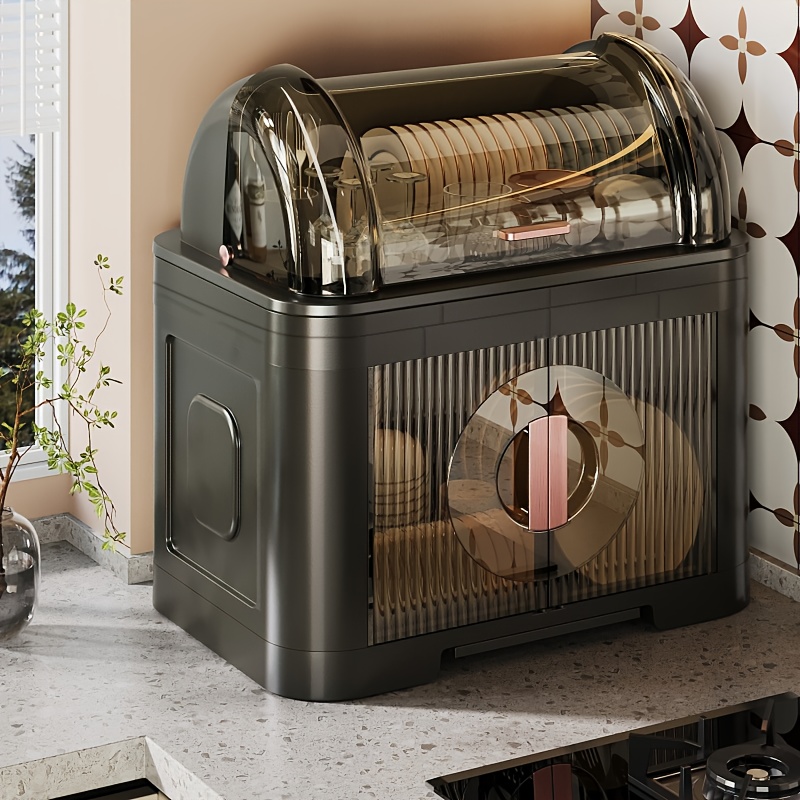 [Life Declaration] Modern Kitchen Organizer Cabinet - Clear View Doors, Adjustable Shelves, Multi-Functional Countertop Storage with Built-in Cutlery Trays, Glossy Black Finish, Space-Saving Plastic Display Case for Utensils, Dishes & Cook