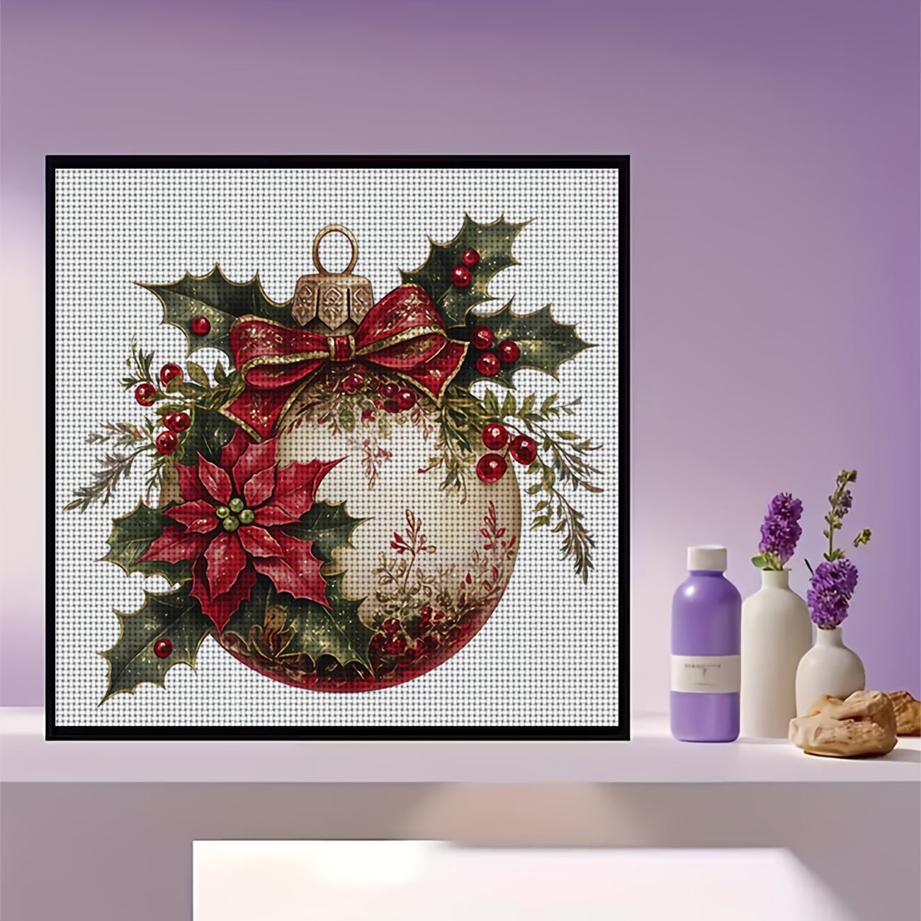 Cross Stitch Printed Kit, Christmas Ornament Red Bow Tie Berry Pattern