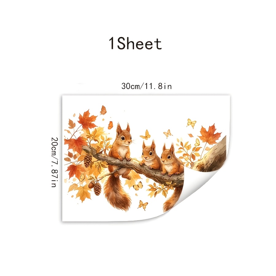 TEMU 1 autocollant de fenêtre d'automne avec un chapeau d' et un écureuil, peint à en aquarelle, avec un petit écureuil qui serre un branchet et des