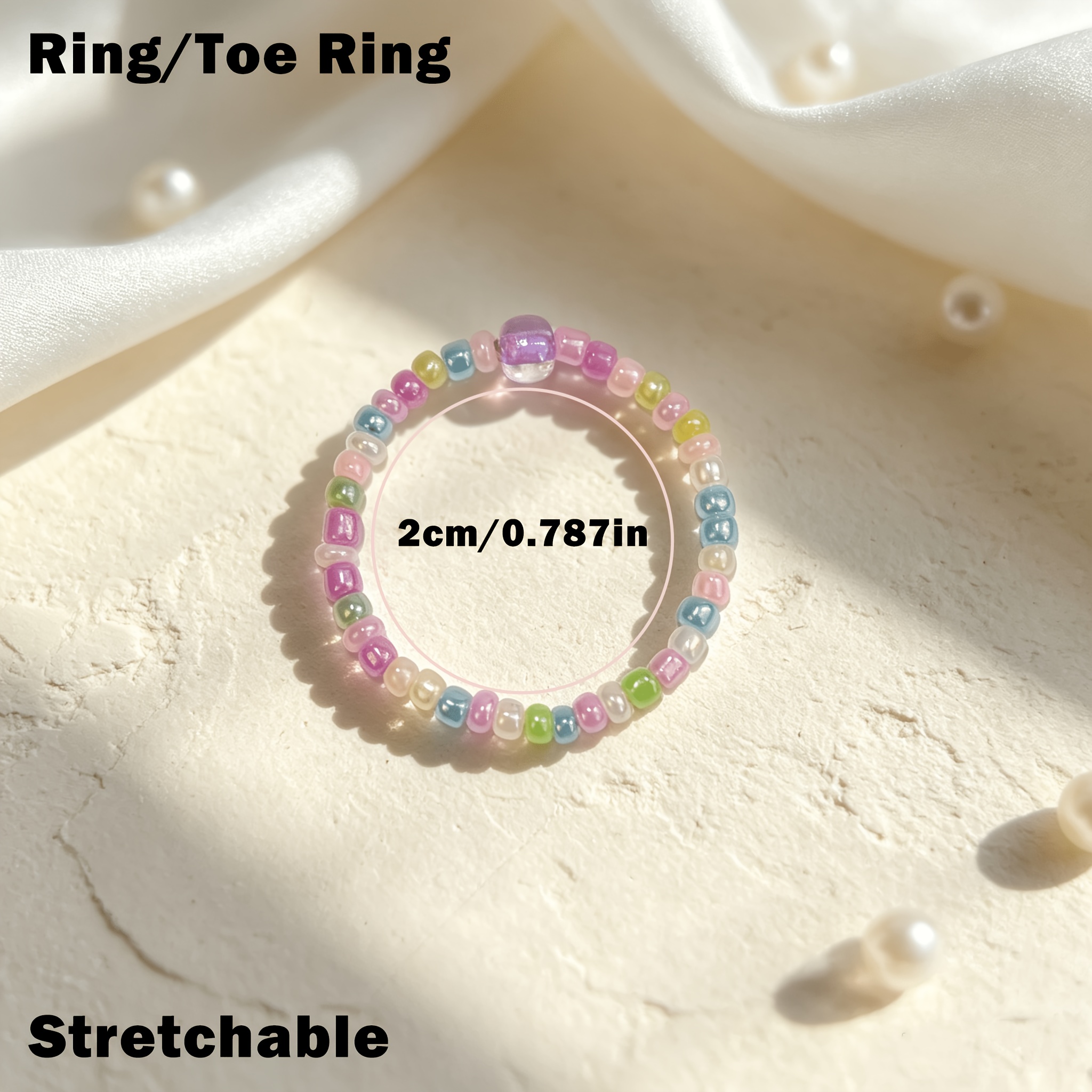 Iridescent Glass Bead Elastic Ring, Colorful Toe & Finger Ring