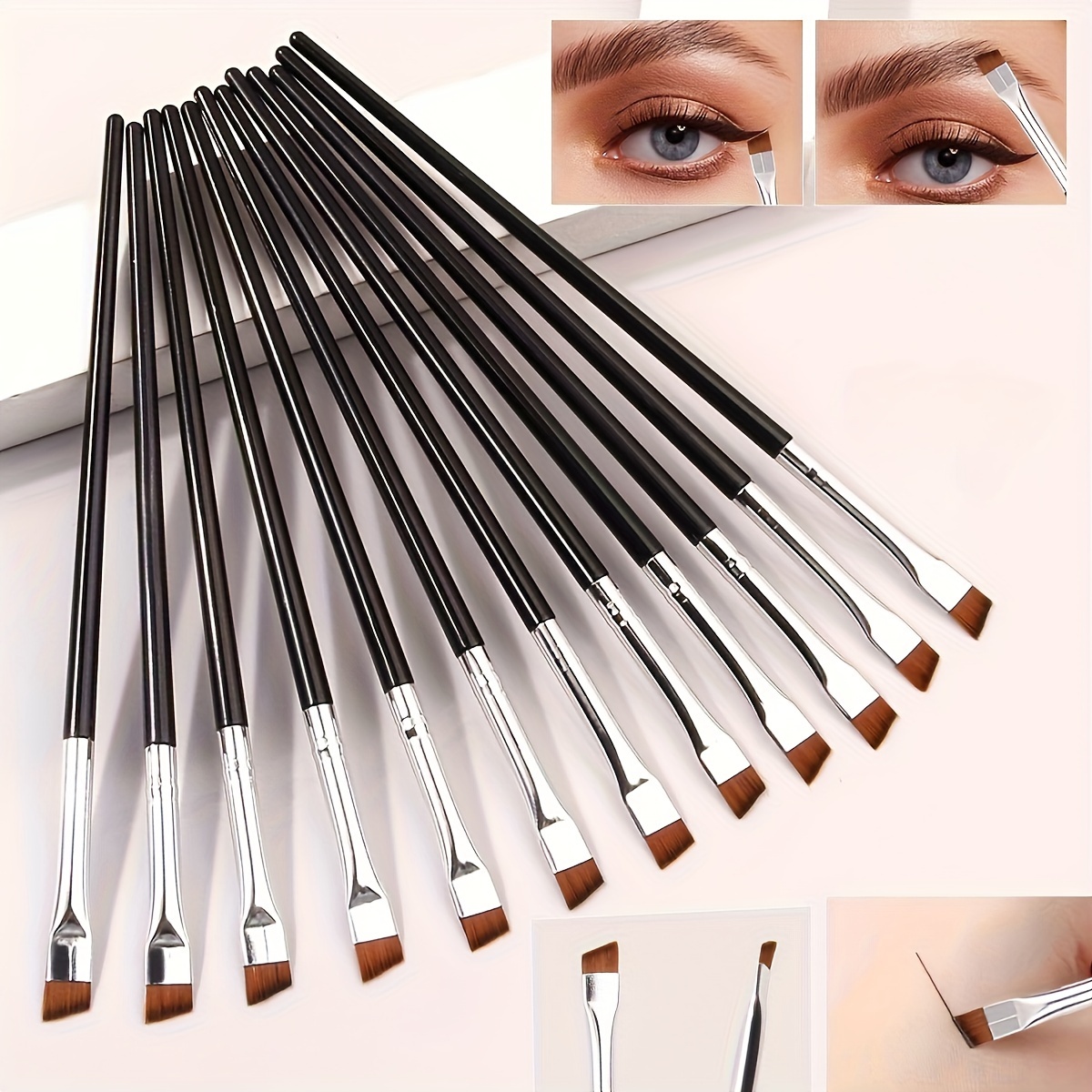 

12-piece Precision Eyeliner Brush Set - Ultra-thin, Angled Tips For Flawless Application - Nylon Bristles, Abs Handle - Fragrance-free, Ideal For All Skin Types