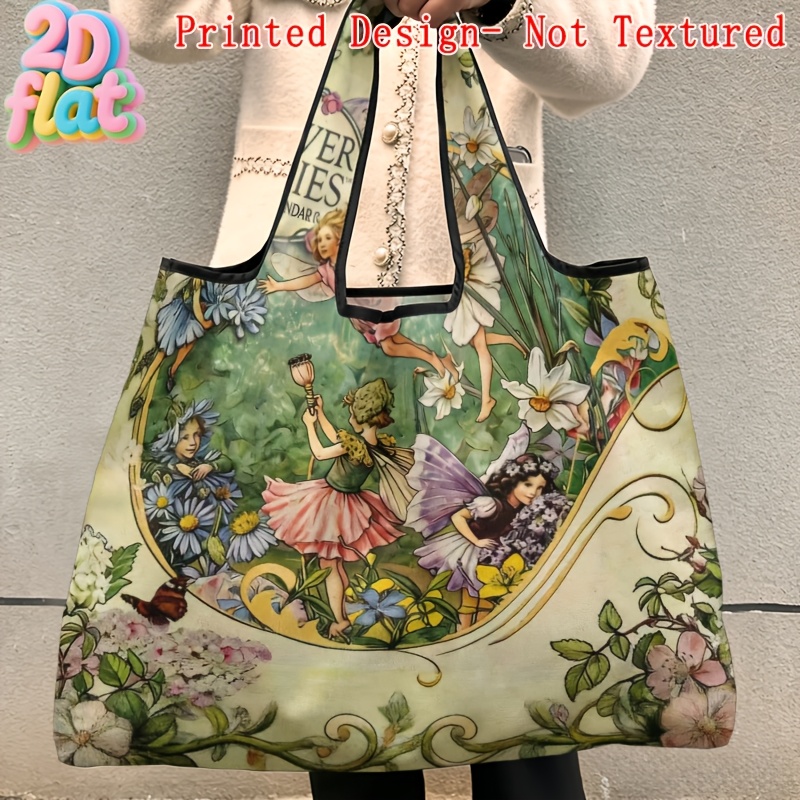 TEMU Printed Design - Not Textured, Women's Shoulder Bag, Shopping Bag, Multi-functional, Flower Fairy Calendar Character Pattern, 2d Flat,