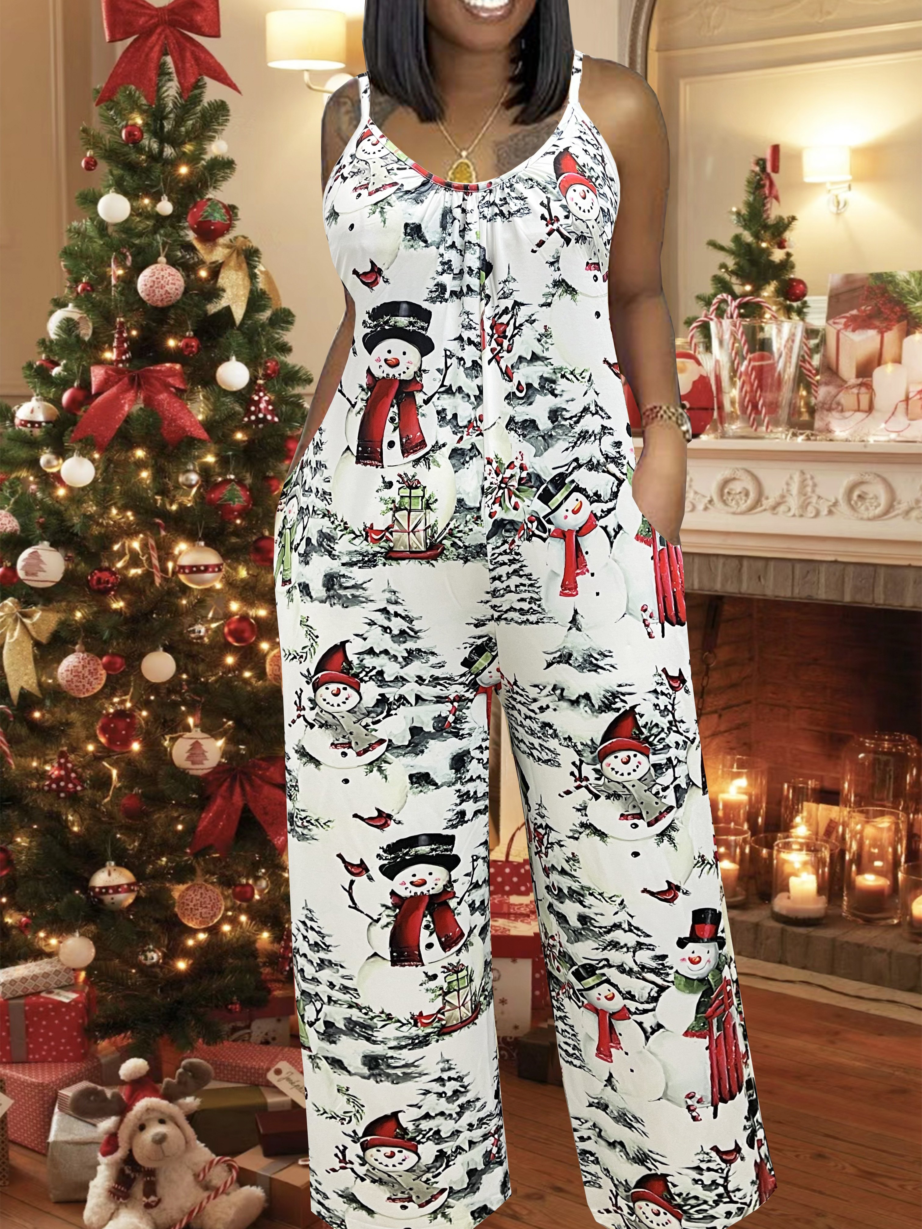 plus size womens christmas print jumpsuit snowman holiday Temu