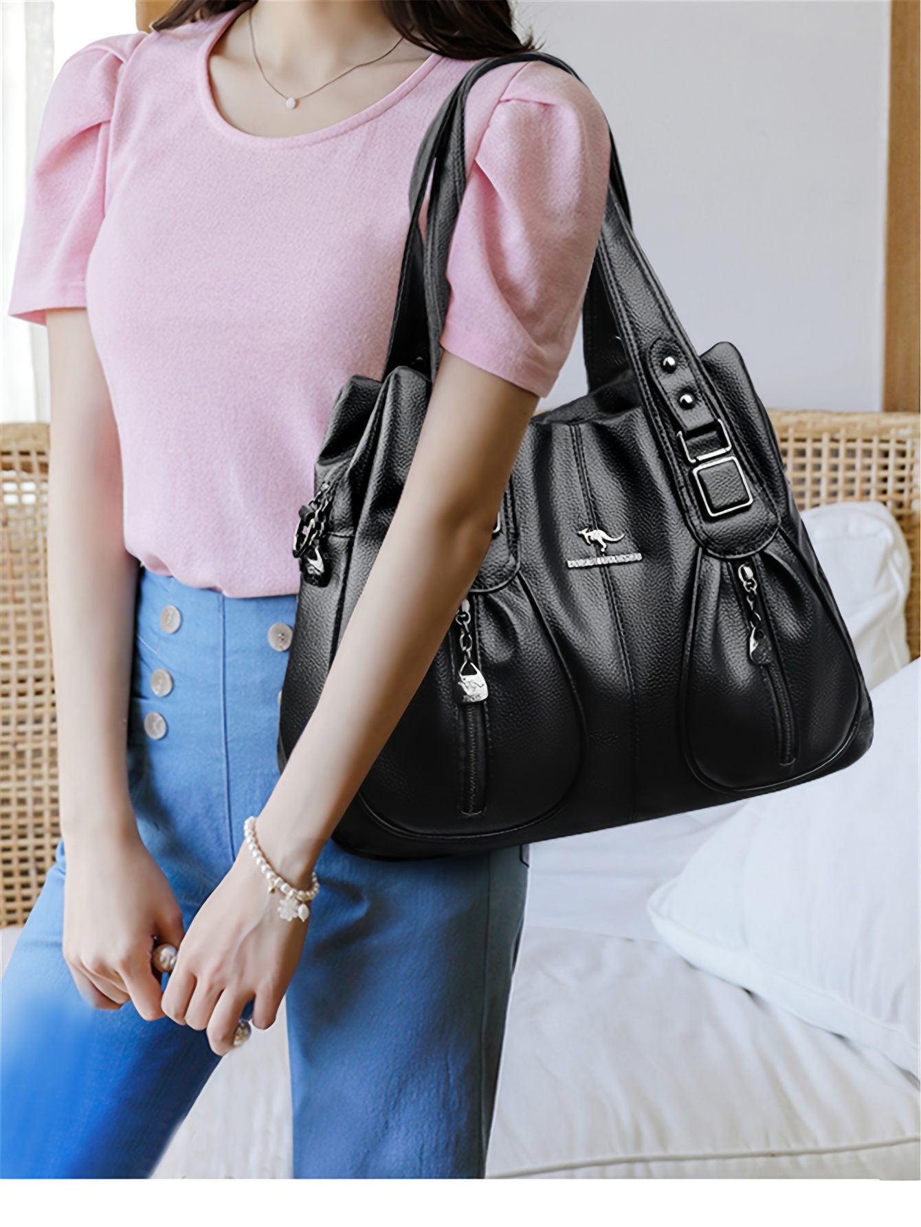 Women's Casual Tote Bag - Large Capacity Multi-Pocket Crossbody Shoulder Bag with Adjustable Strap, Zipper Closure & Bird Emblem, Deep Brown/Black for Work, Commute, Travel, Modern Iranian Style | Metallic Hardware Accents