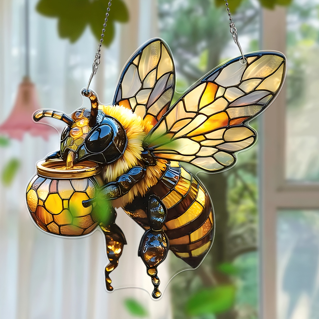 

1pc, Bee-themed Suncatcher (8''x8''), Perfect Gift For Women, Stained Glass Look, Ideal For Wreaths, Kitchen, Garden & Farmhouse Decor, Glass