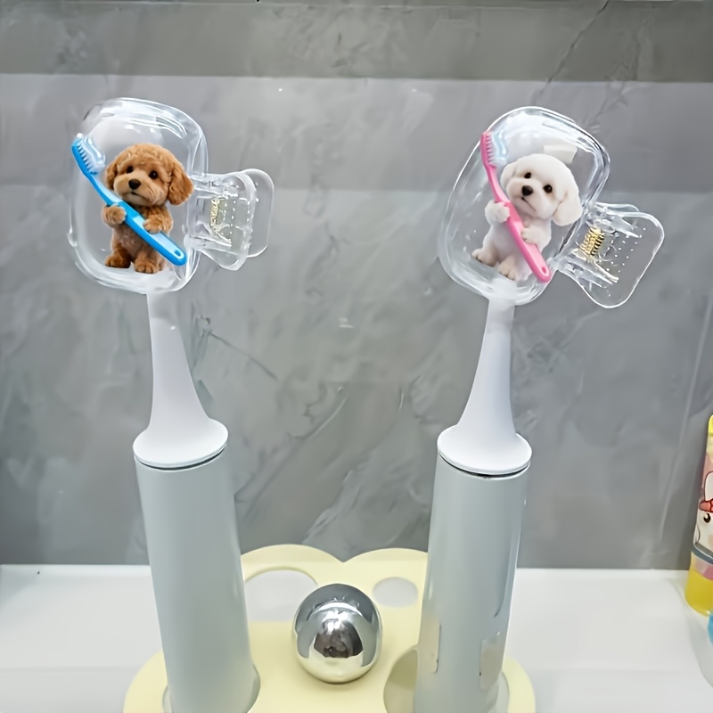 TEMU 2pcs Cute 2 Teddy Dogs Holding Toothbrushes Pattern Print Portable Toothbrush Head Covers, Storage Box, Toothbrush Protective Cap Holder, For