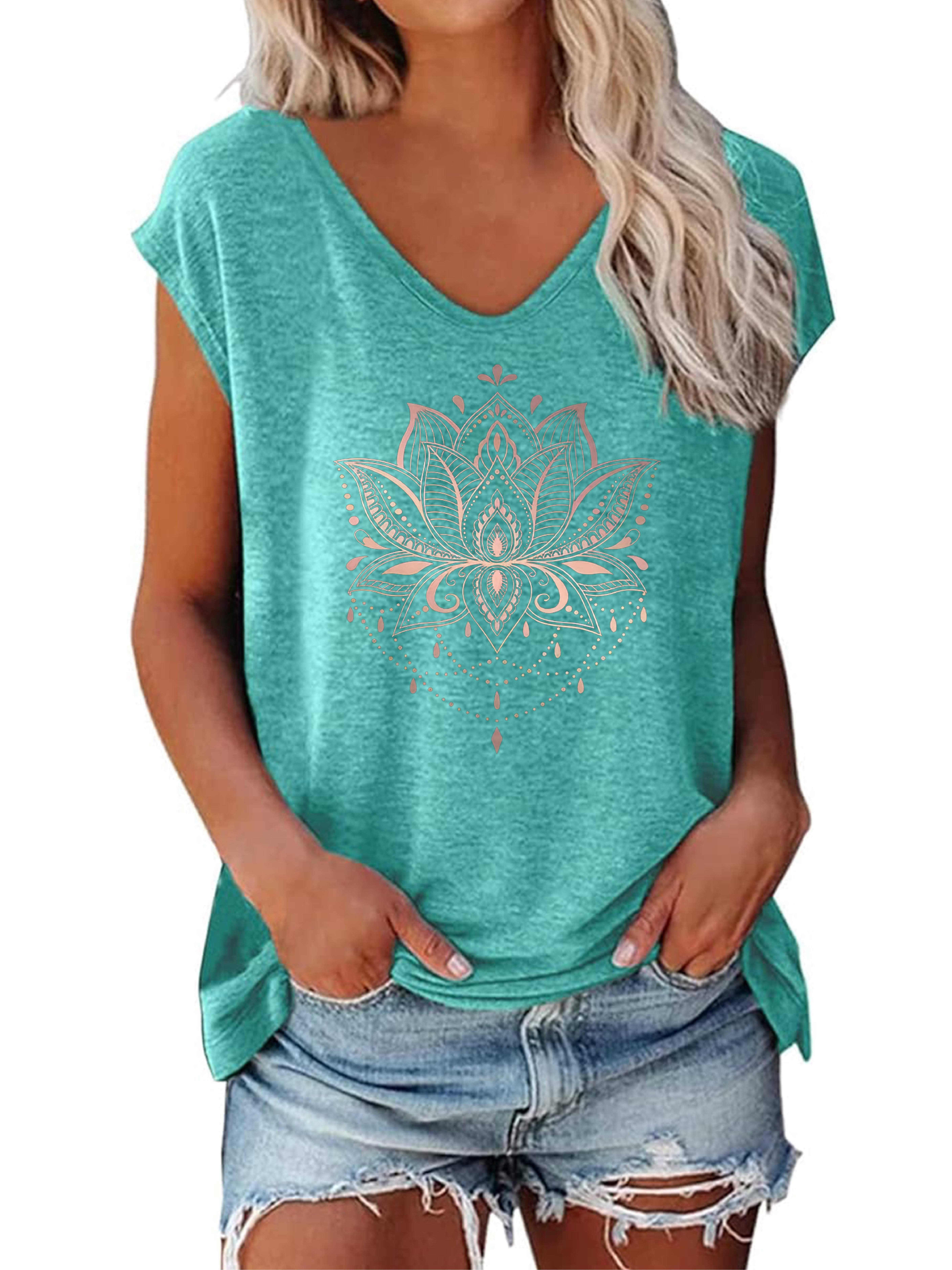 Lotus Print V-neck T-Shirt, Casual Cap Sleeve T-Shirt For Spring & Summer, Women's Clothing