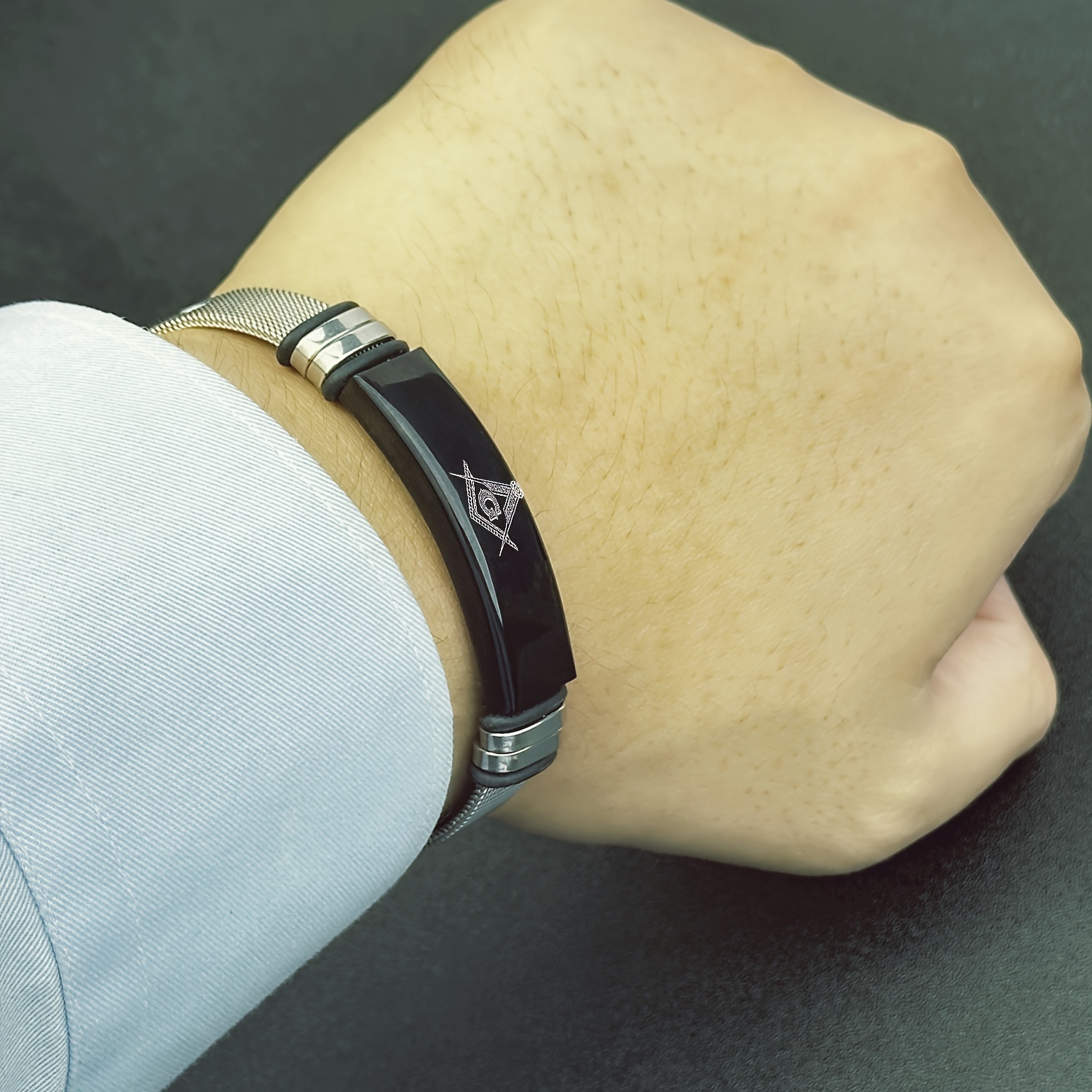 Men's Adjustable Stainless Steel Bracelet with Masonic Symbol