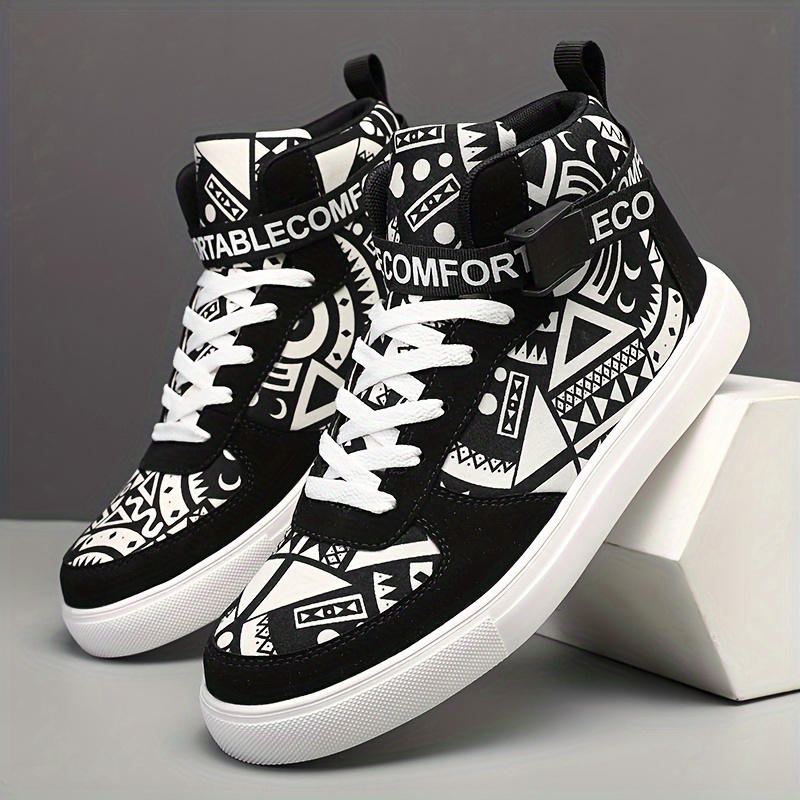 

Men's Graffiti Pattern Trendy Skateboard Shoes With High Top Lace Up For Outdoor Street Walking Campus Wandering, All Seasons